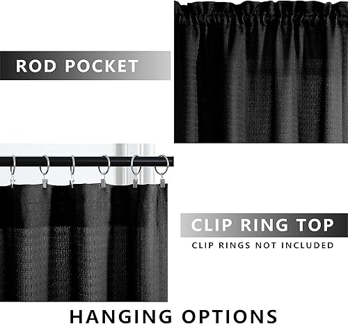 Miniatura 4 de Cortinas negras para ventana de baño, cortinas semitransparentes de cocina de 24 pulgadas de largo, juegos de 2 paneles de cortinas cortas para