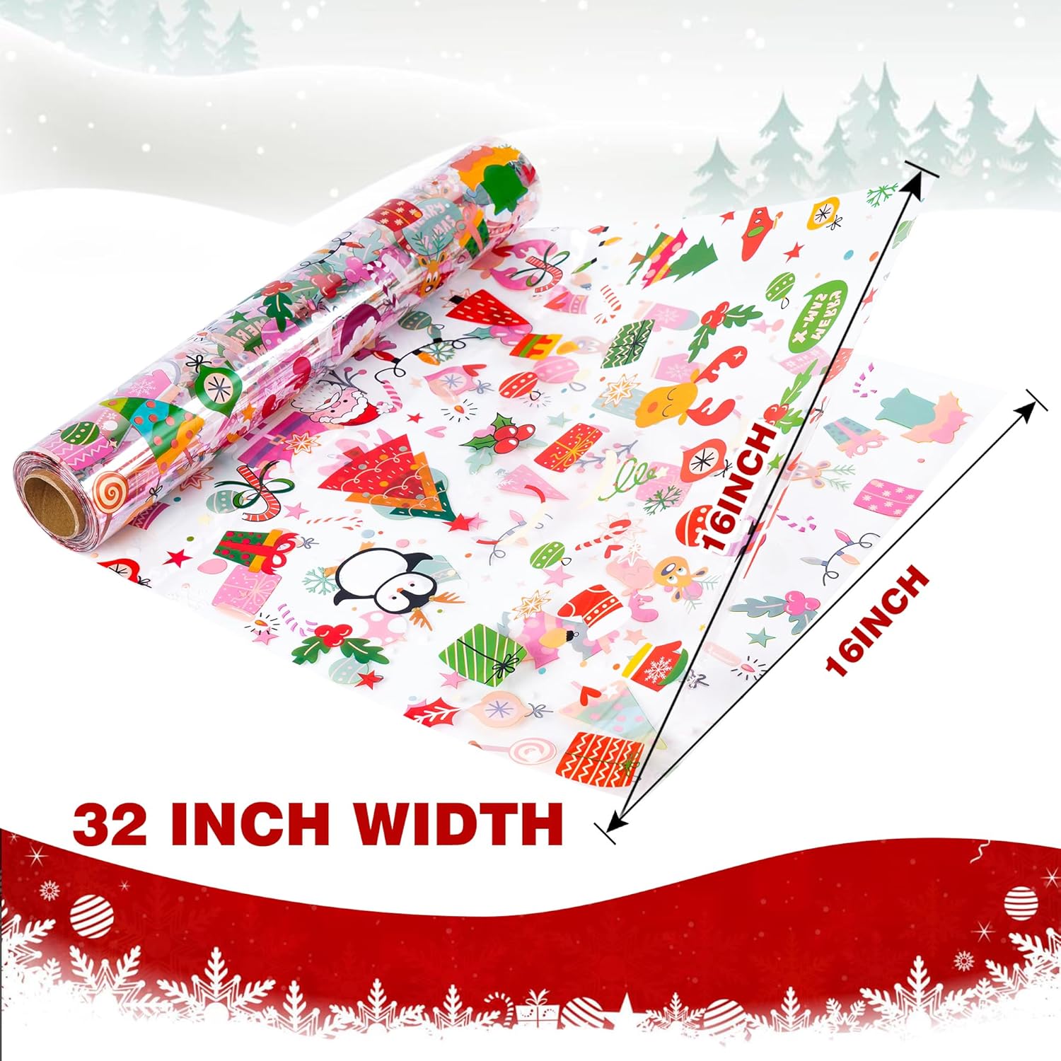 セロハンラップロールクリスマスデザイン(長さ100フィート&times;幅32インチ)2.3ミルのクリスマスセロハンバッグ 厚手クリスタルクリア