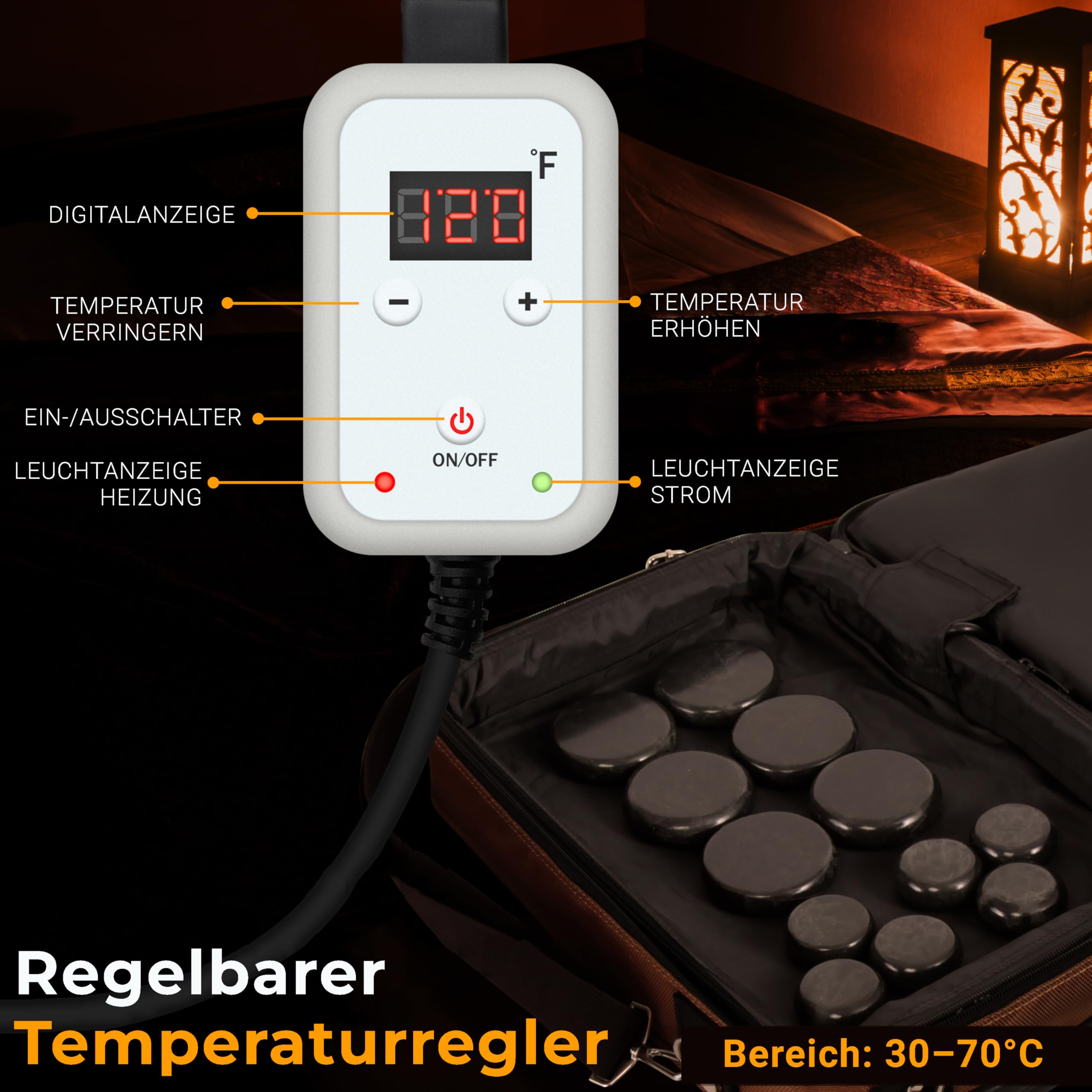 SereneLife Hot Stone Massage Set mit Heiztasche 12 Basalt Massagesteine Digitale Temperatursteuerung Wärmegerät Wellness