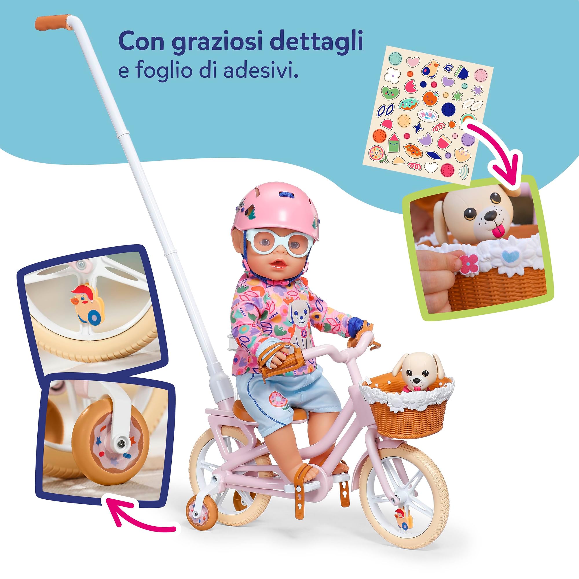 BABY born Bicicletta con Lucky, bicicletta per bambole con cestino, manubrio e adesivi