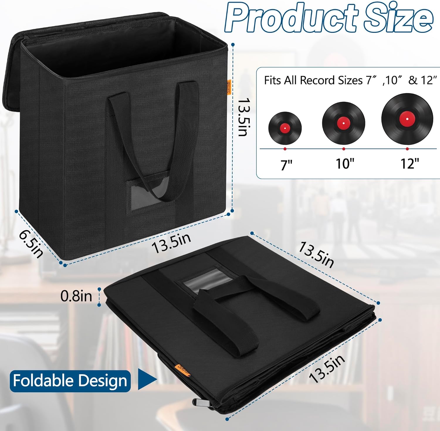 Vinyl Record Storage Box with Lids and Handle Vinyl Album Storage Case Bag for 7/10/12 inch LP, Collapsible Crate Holds up 60+ Single Record (Black) - Image 2