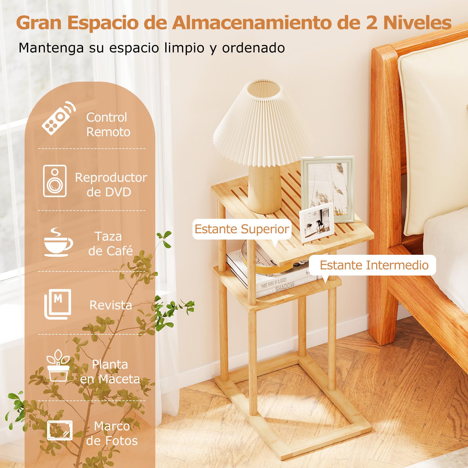 COSTWAY Juego de 2 Mesa Auxiliar de Bambú para Sofá, Mesita Forma de C con Estantes de Almacenamiento, 40 x 28 x 65 cm, Mesa de Café, Mesita de Noche Estrecha para Cama, Sala y Dormitorio, Natural