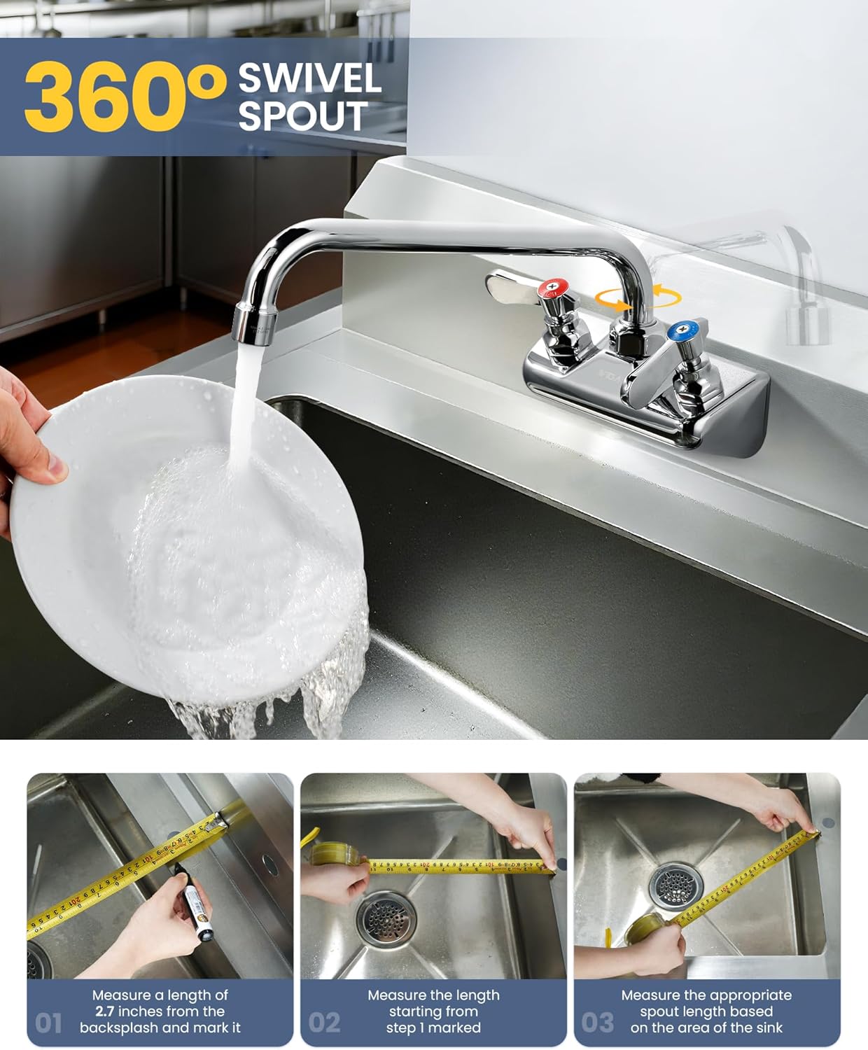 Commercial Hand Sink Faucet: 10" Swivel Spout 4'' Center Wall Mount Utility Faucet, Brass Constructed with 360° Swivel Spout, Dual Lever Handles, Restaurant/Laundry/Bar/RV, Chrome Polished