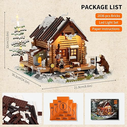 Miniatura 6 de FUNWHOLE Hunting-Cabin Lighting - Juego de ladrillos de construcción de cabaña retro de madera, luz LED, modelo de construcción, 2036 piezas para