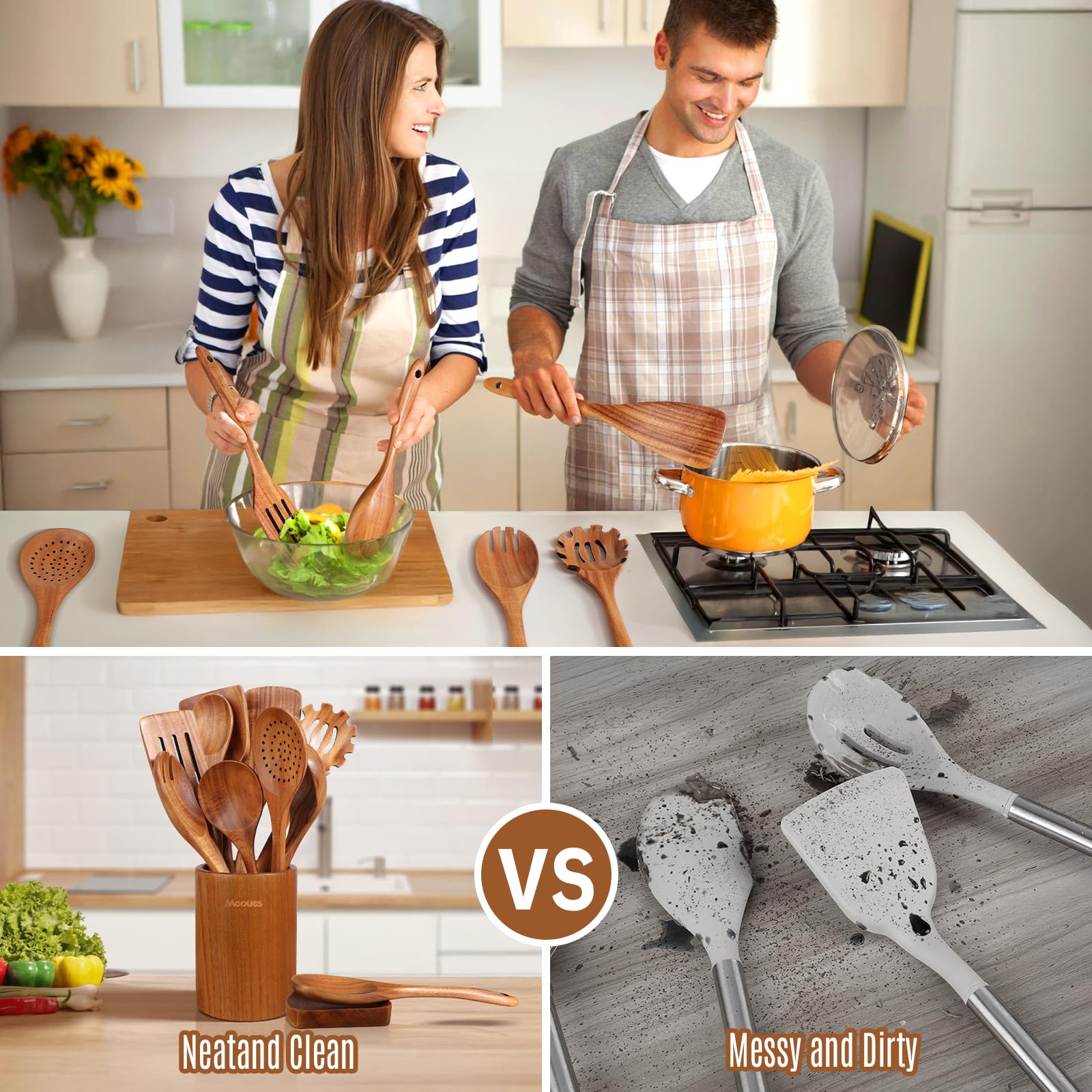 Juego de utensilios de cocina de madera, herramientas de cocina de 12 piezas