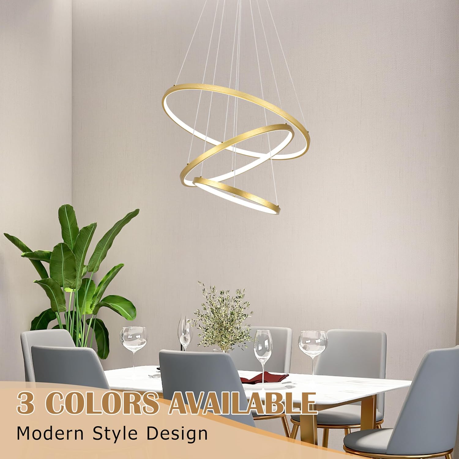 Modern Gold Led Chandelier 3 Rings Gold Dimmable LED Chandeliers Light Fixture for Kitchen Island Height Adjustable Chandelier Led Pendant Light for Dining Room Bedroom Living Room