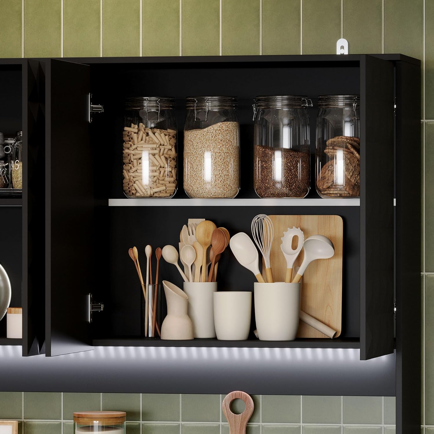 Cupboard, Kitchen Pantry Storage Cabinet, Modern Food Pantry Cabinet with 2 Drawers, 8 Doors, Socket, Light, Adjustable Shelves for Kitchen, Living Room, Black(14.9" D x 46.8" W x 70.9" H)