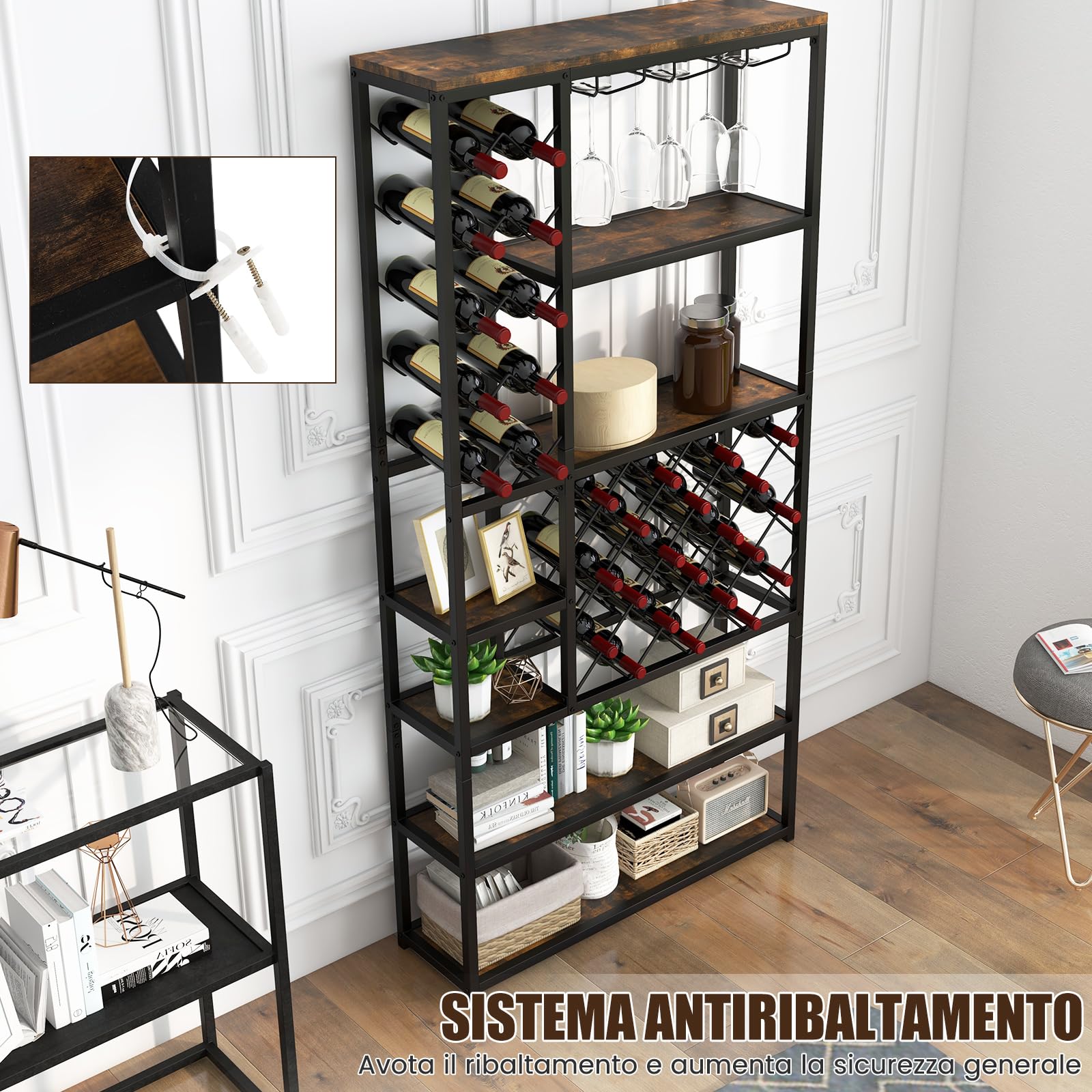 COSTWAY Portabottiglie da Terra, Cantinetta Portabottiglie Vino con Telaio in Metallo e 6 Ripiani, per 27 Bottiglie di Vino e 12 Bicchieri, per Cucina, Sala da Pranzo, 81 x 23 x 166 cm