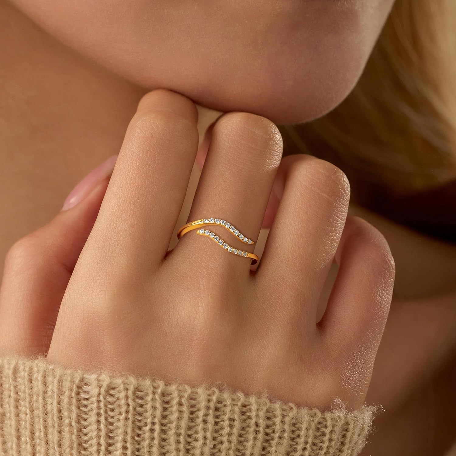 925 Sterling Silver Wave Ring for Women, Dainty Cubic Zirconia Ocean Wave Ring for Mother Daughter 14K Gold Plated Adjustable Minimalist Opening Ring Jewelry Gift for Wedding Birthday Mother's Day