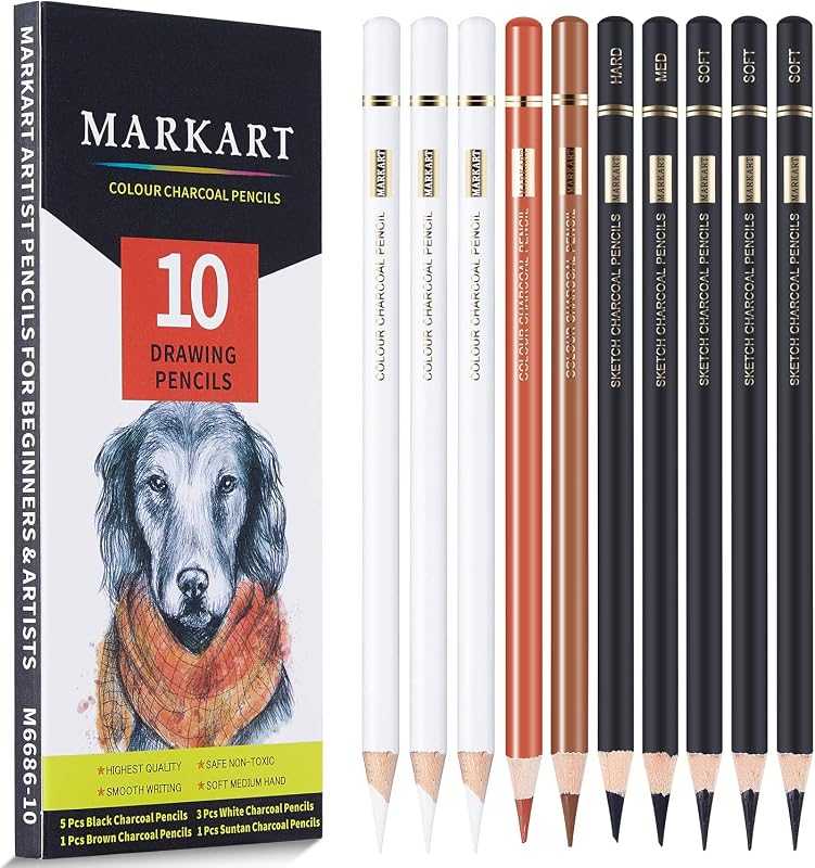 MARKART 10-pack professional charcoal pencil set with black, white, brown and suntan drawing pencils