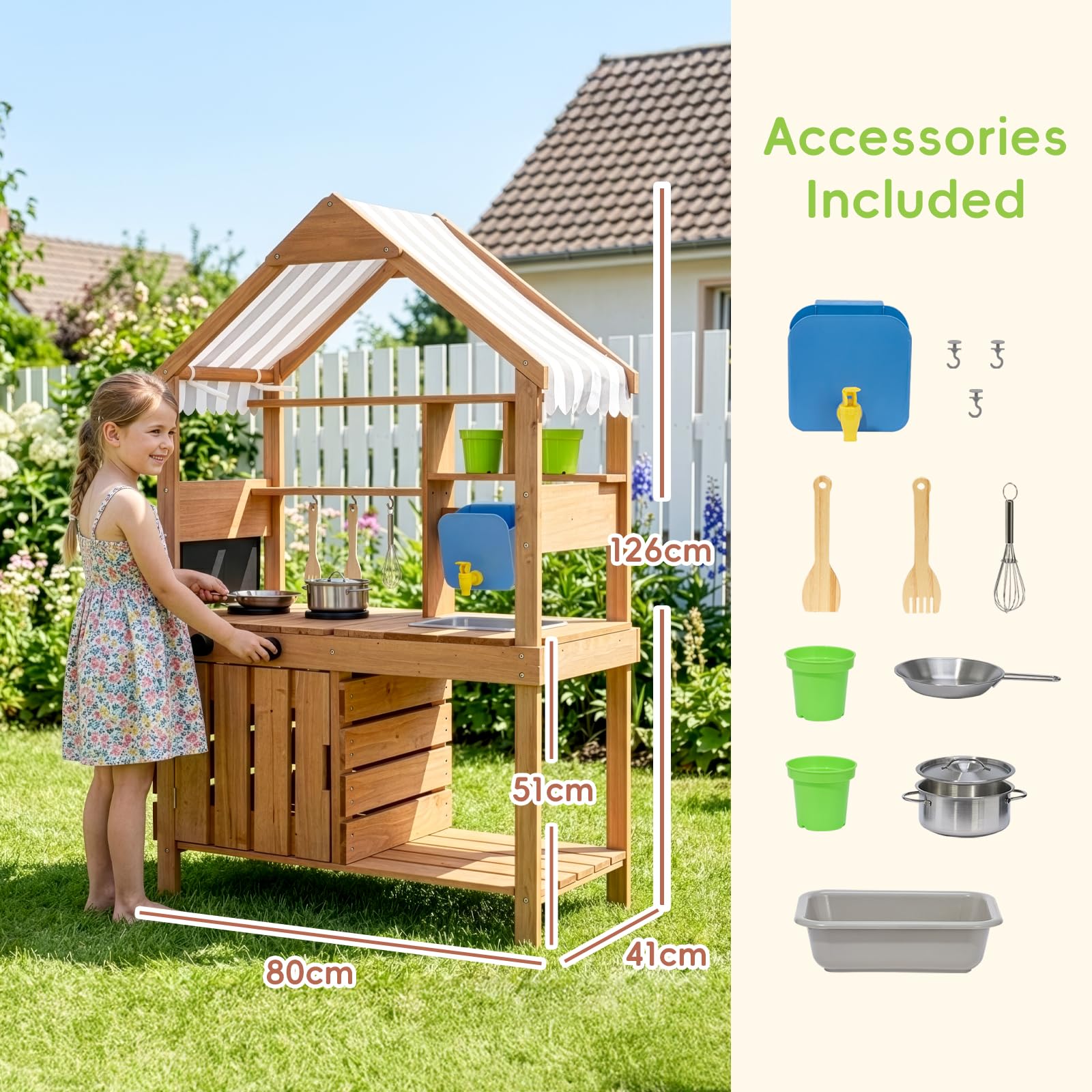 OOOK Outdoor Spielküche, Große Matschküche Outdoor aus Holz, Gartenspielküche mit Gartenspüle, Töpfen, Herd, Pflanztöpfe und Gartenwerkzeugen, Spielzeugküche für Kinder 3+