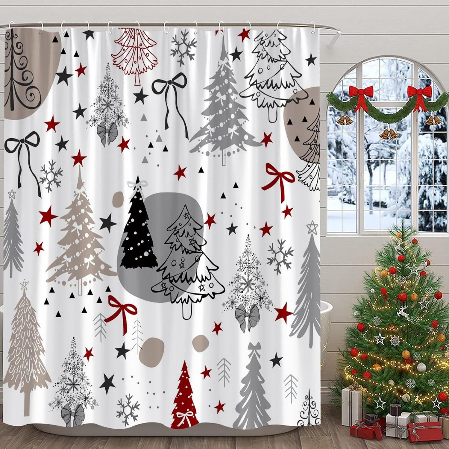 Christmas Extra Long Shower Curtain,Xmas Tree Bow Snowflake Winter Festival Brown Gray Bathroom Home Curtain Decor with Hooks,70x78 Inch