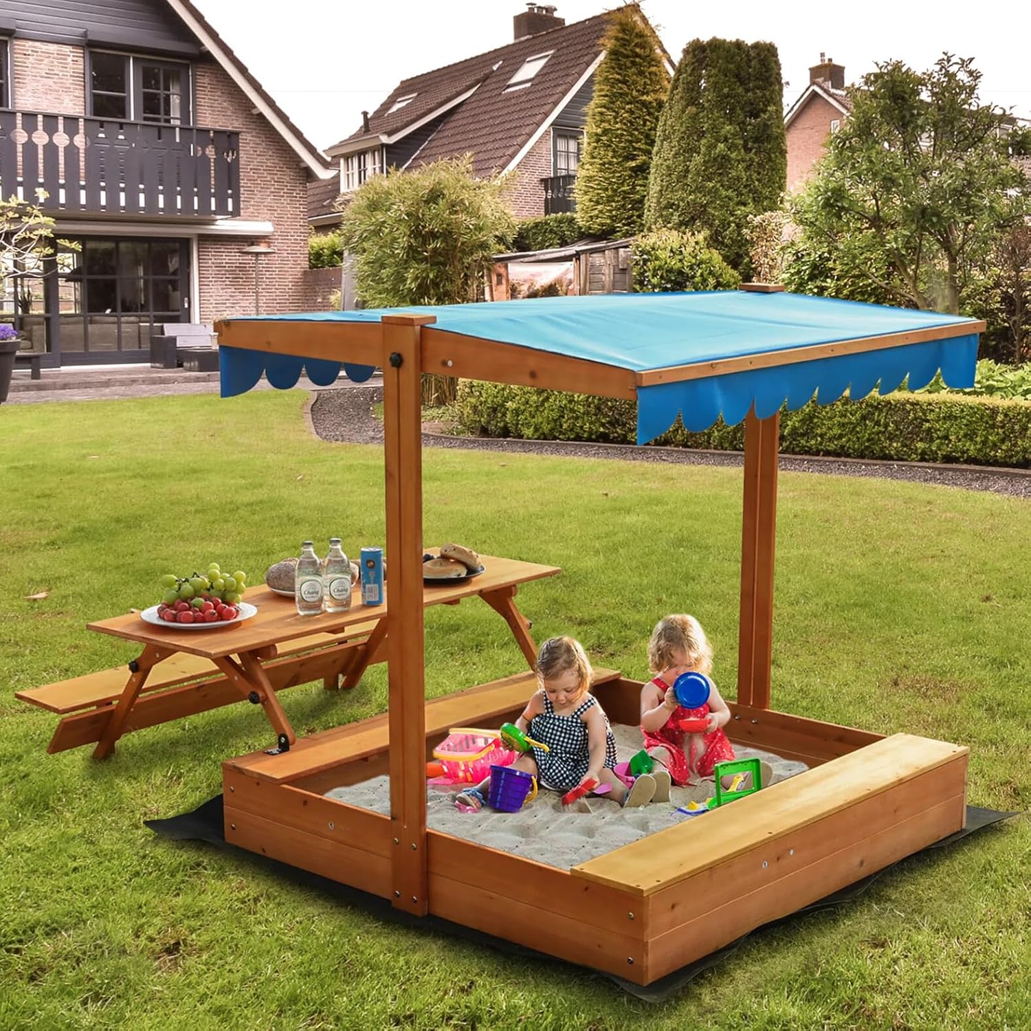 FUNTOK 45''x45'' Kids Wooden Sandbox with Picnic Table & Storage Boxes, Foldable Bench Seats, Lid, Retractable & Rotatable Canopy, for Backyard, Patio, Outdoor Play (Convertible Activity Table)
