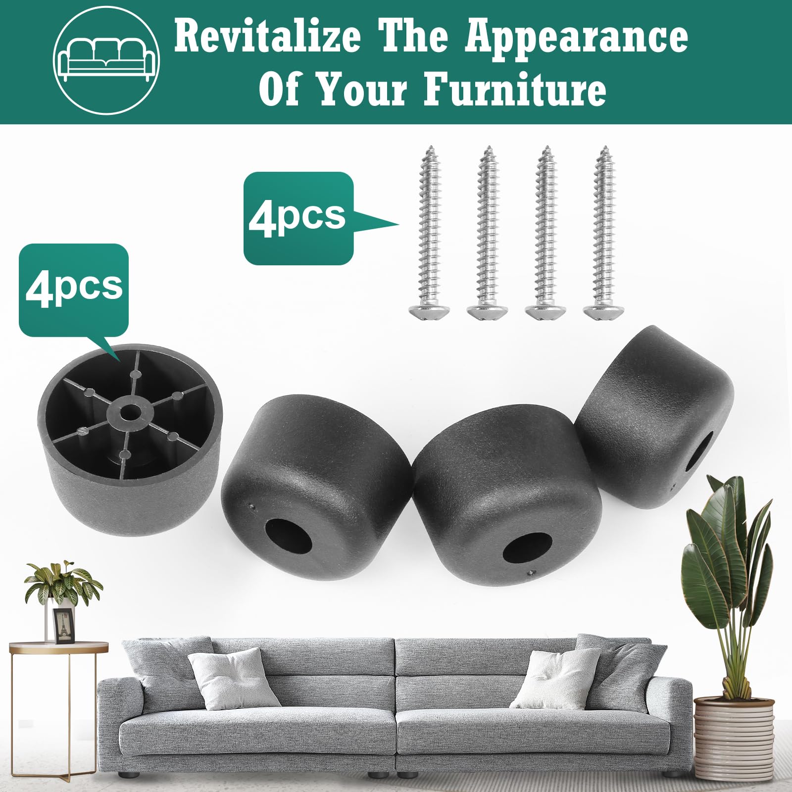 Masendelk Plastic Furniture Legs – 4-Pack 1-1/8" Round Black Feet With M8 Plate Nuts For Sofa, Table & Couch