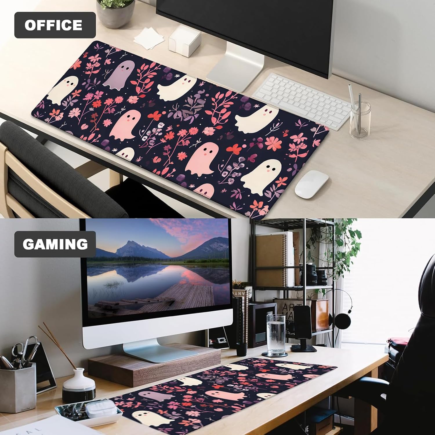Colorful Ghost and Floral Gaming Mouse Pad – 12x31.5in Non-Slip Rubber Desk Mat with Cute Halloween Design – Large Extended Mouse Pad for Office Home – Deskmat Gifts for Gothic Spooky Decor