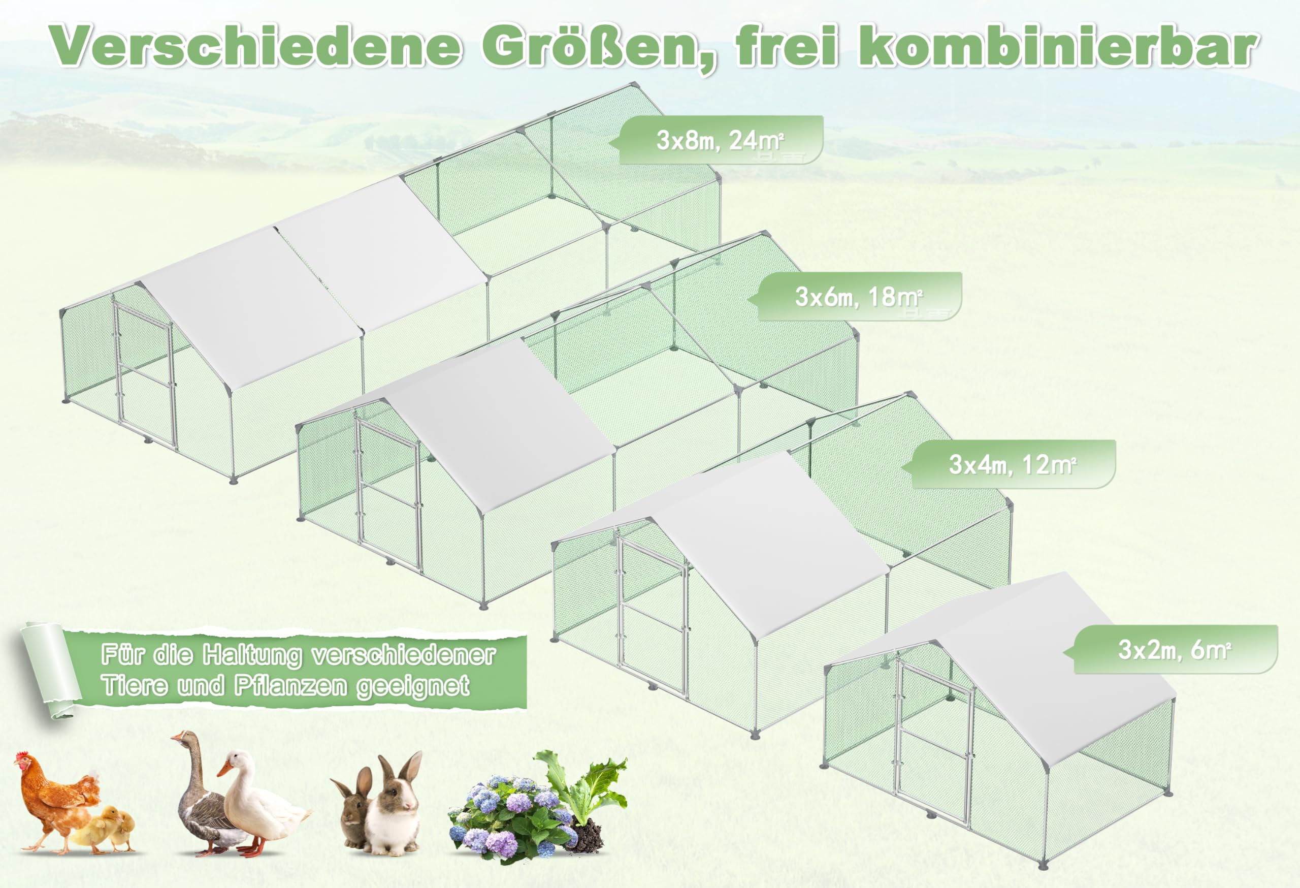 LZQ Gallinero exterior con tejado, estructura de acero galvanizado con polietileno (3 x 6 x 2 m)