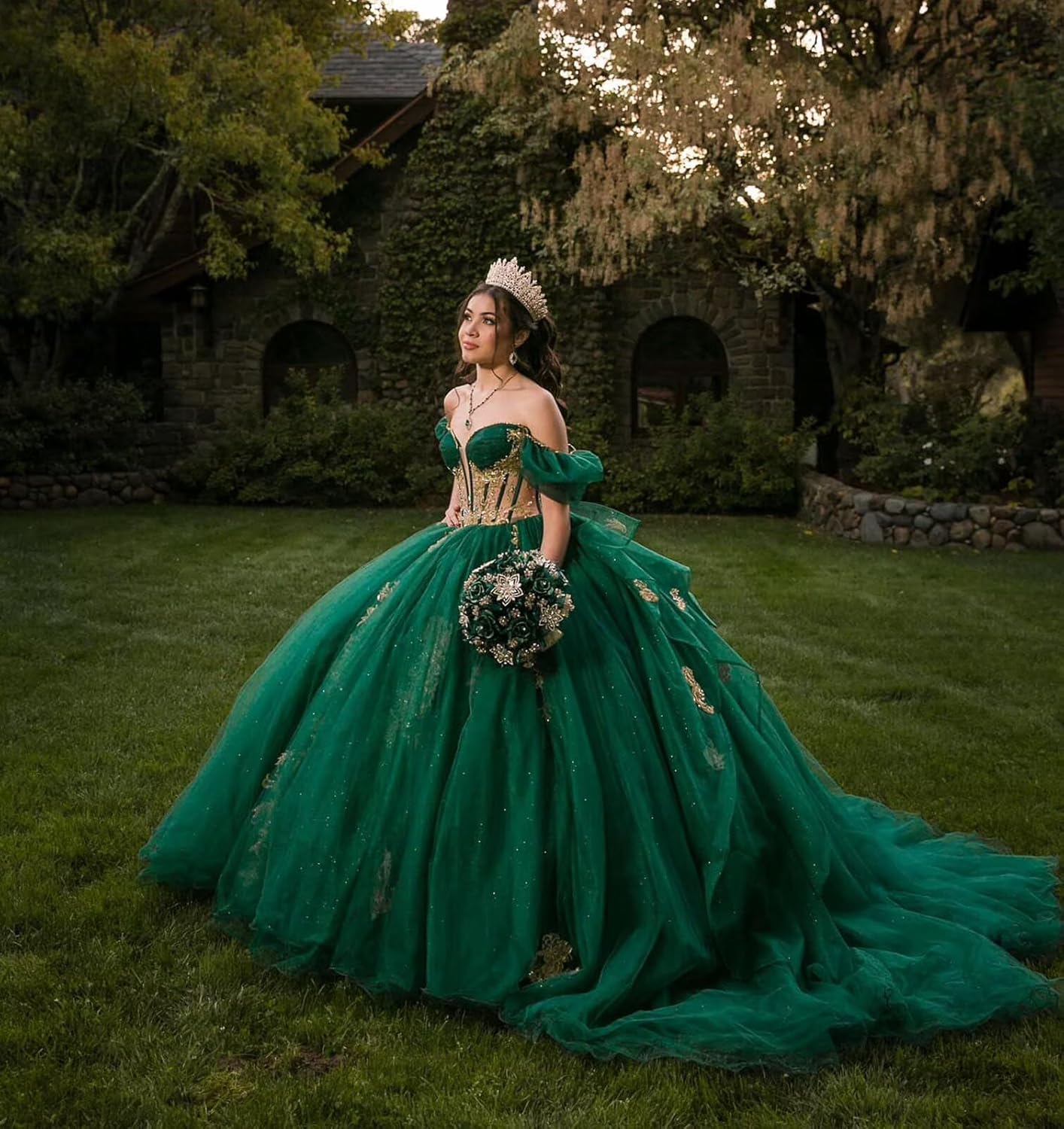 XYAYE Off Shoulder Lace Quinceanera Dresses with Bow Puffy Tulle Sweet 15 16 Dresses Gorgeous Gold Applique Beaded Ball Gown