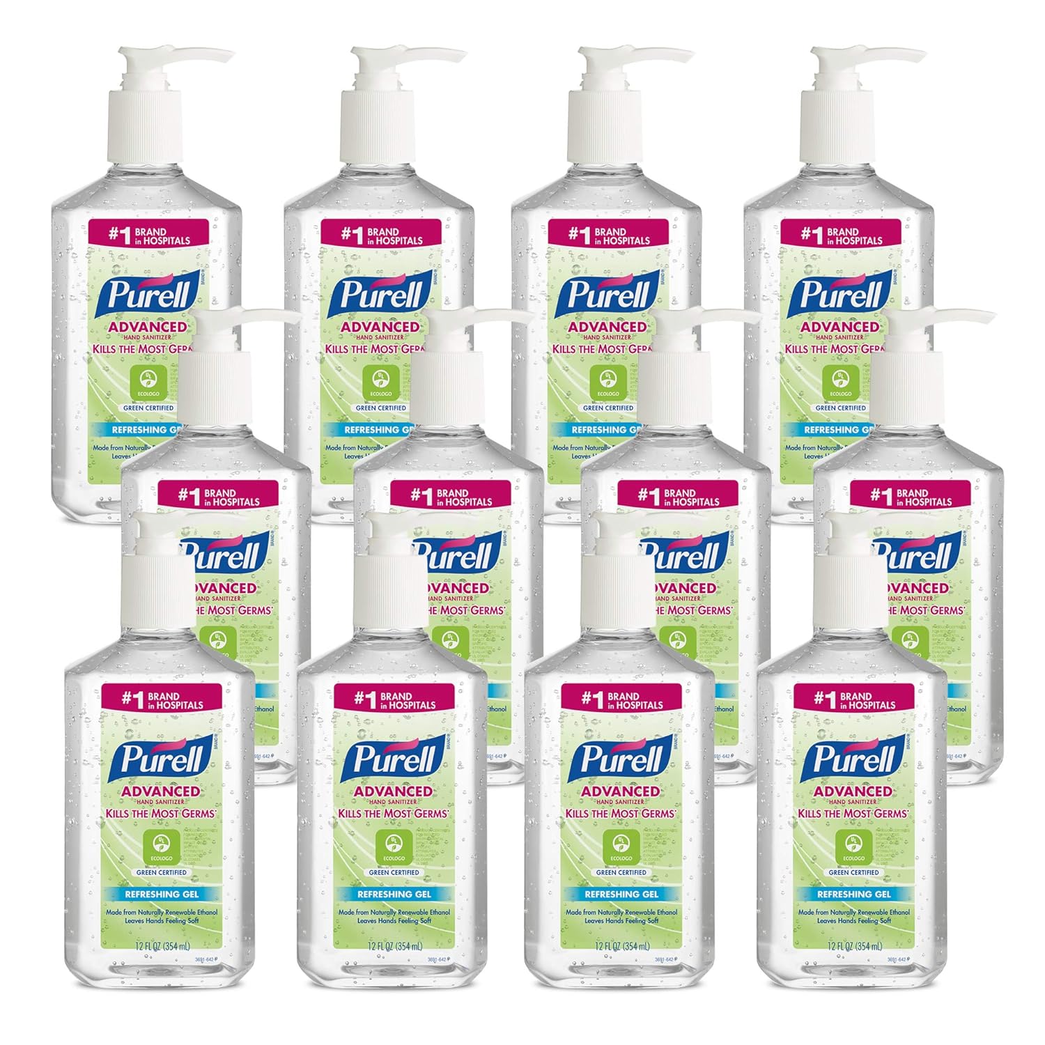 PURELL Advanced Hand Sanitizer Green Certified Refreshing Gel, Fragrance Free, 12 fl oz Pump Bottle (Pack of 12) - 3691-12