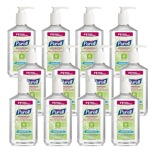 Purell Advanced Hand Sanitizer Green Certified Gel refrescante sin fragancia, botella de bomba de 12 onzas líquidas (paquete de 12) - 3691-12