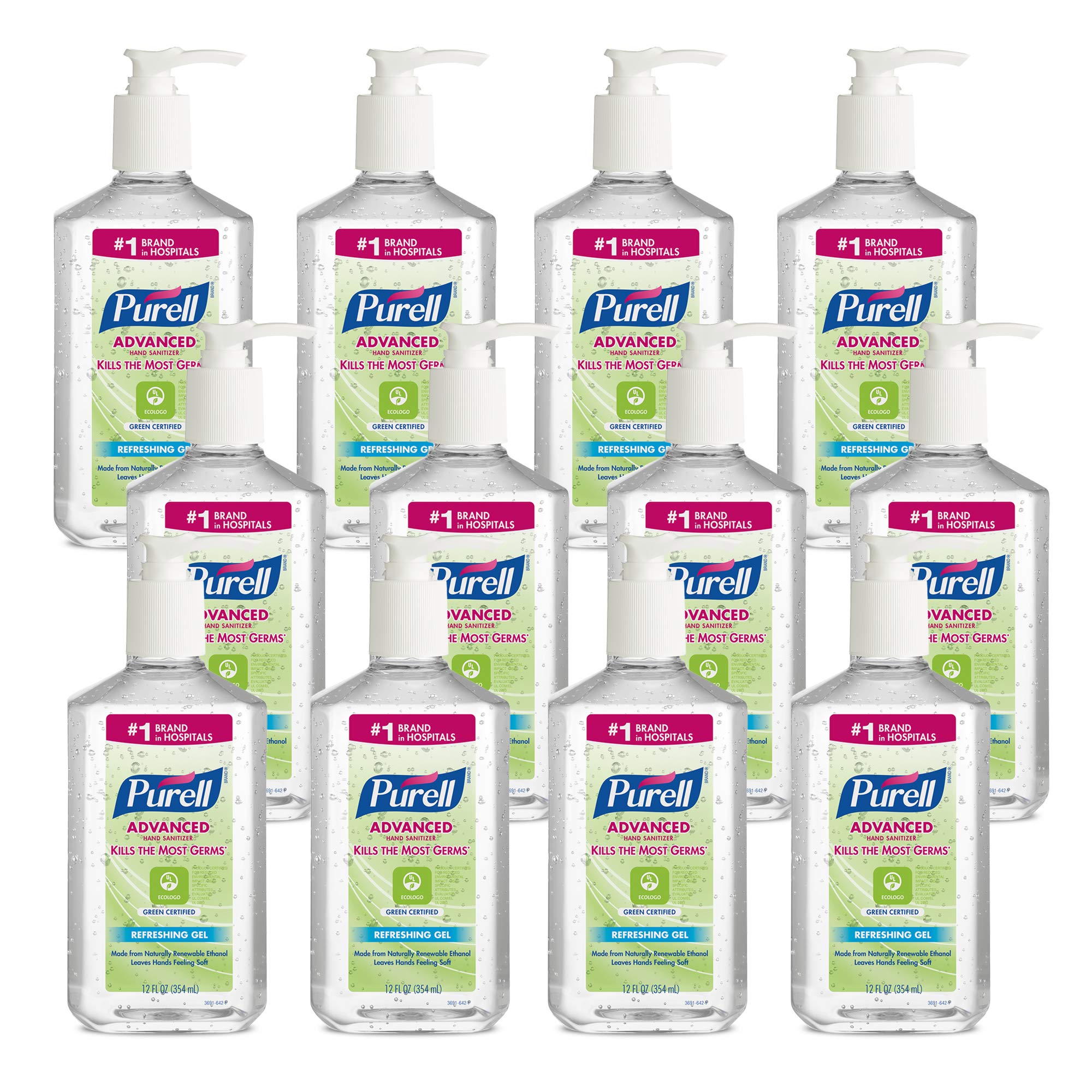 PURELL Advanced Hand Sanitizer Green Certified Refreshing Gel, Fragrance Free, 12 fl oz Pump Bottle (Pack of 12) - 3691-12