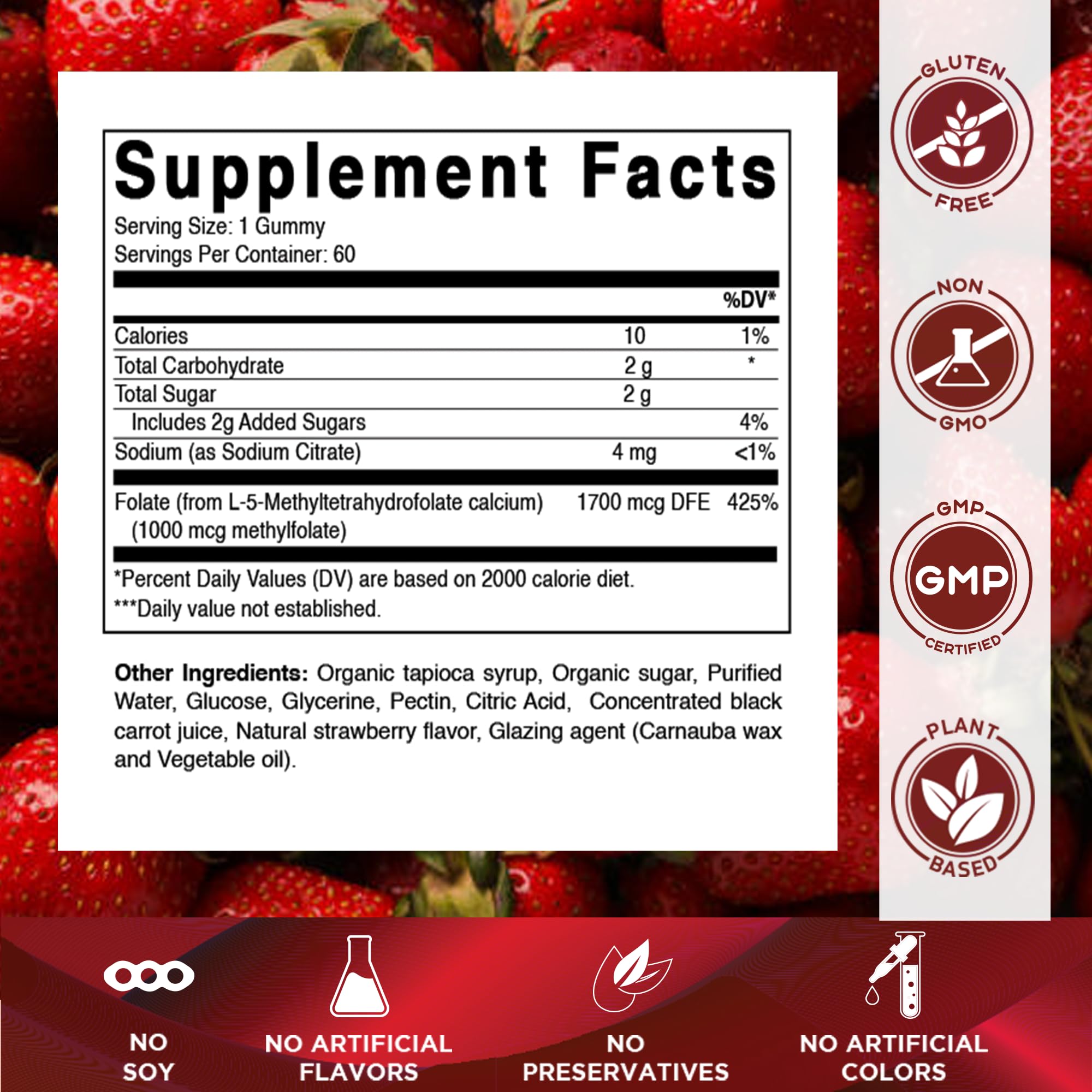 Vitamatic Methylfolate Gummies 1000 mcg – Active 5-MTHF Form – Natural Strawberry Flavor – Vegan, Non-GMO, Gluten Free – 60 Gummies — Amazon image 2