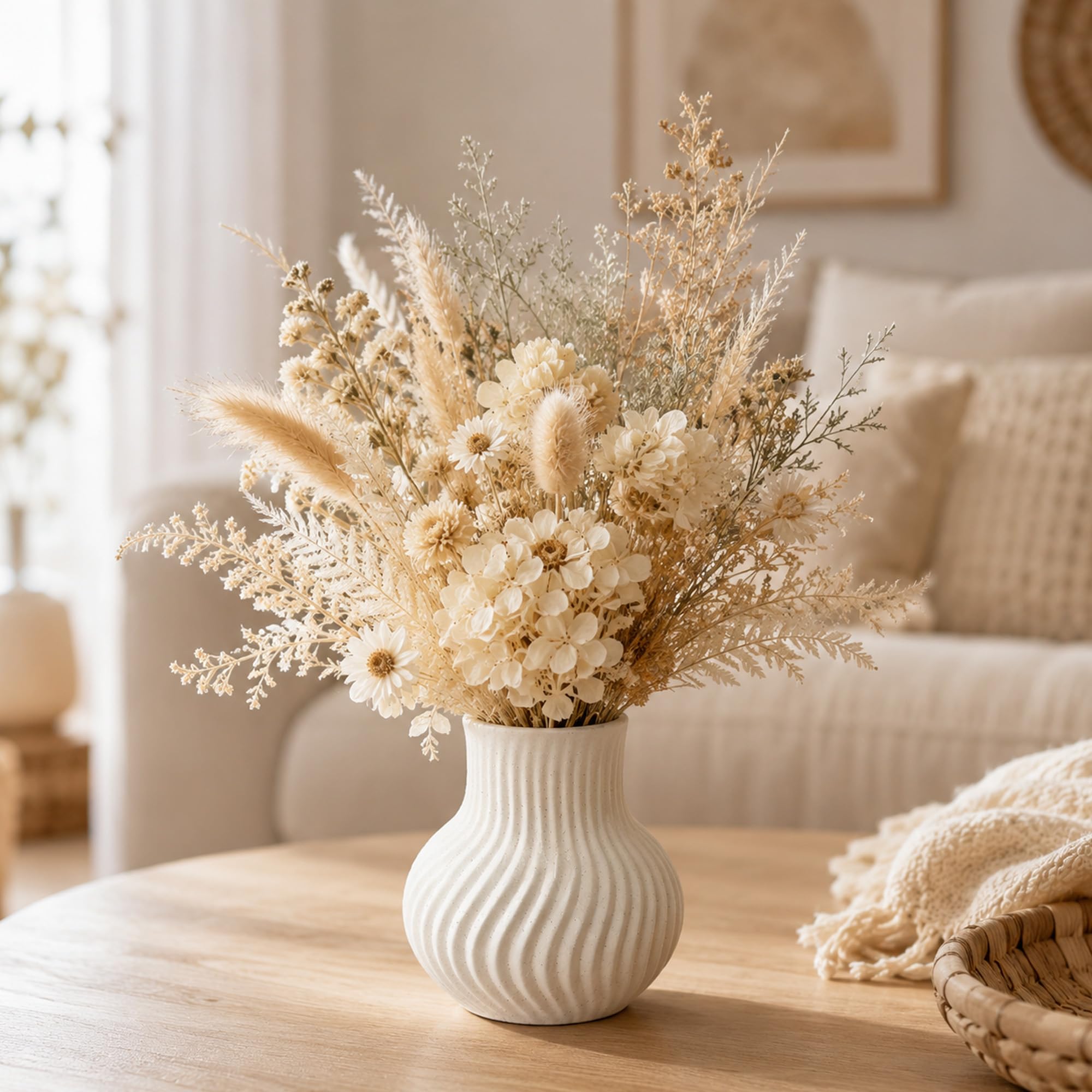 White Ceramic Vase, Modern Ribbed Flower Vase for Pampas Grass (Off White) | Cream Beige Wavy Decorative Vase, Boho Table Centerpiece for Living Room, Minimalist Ceramic Flowerpot, Dried Flowers Decor