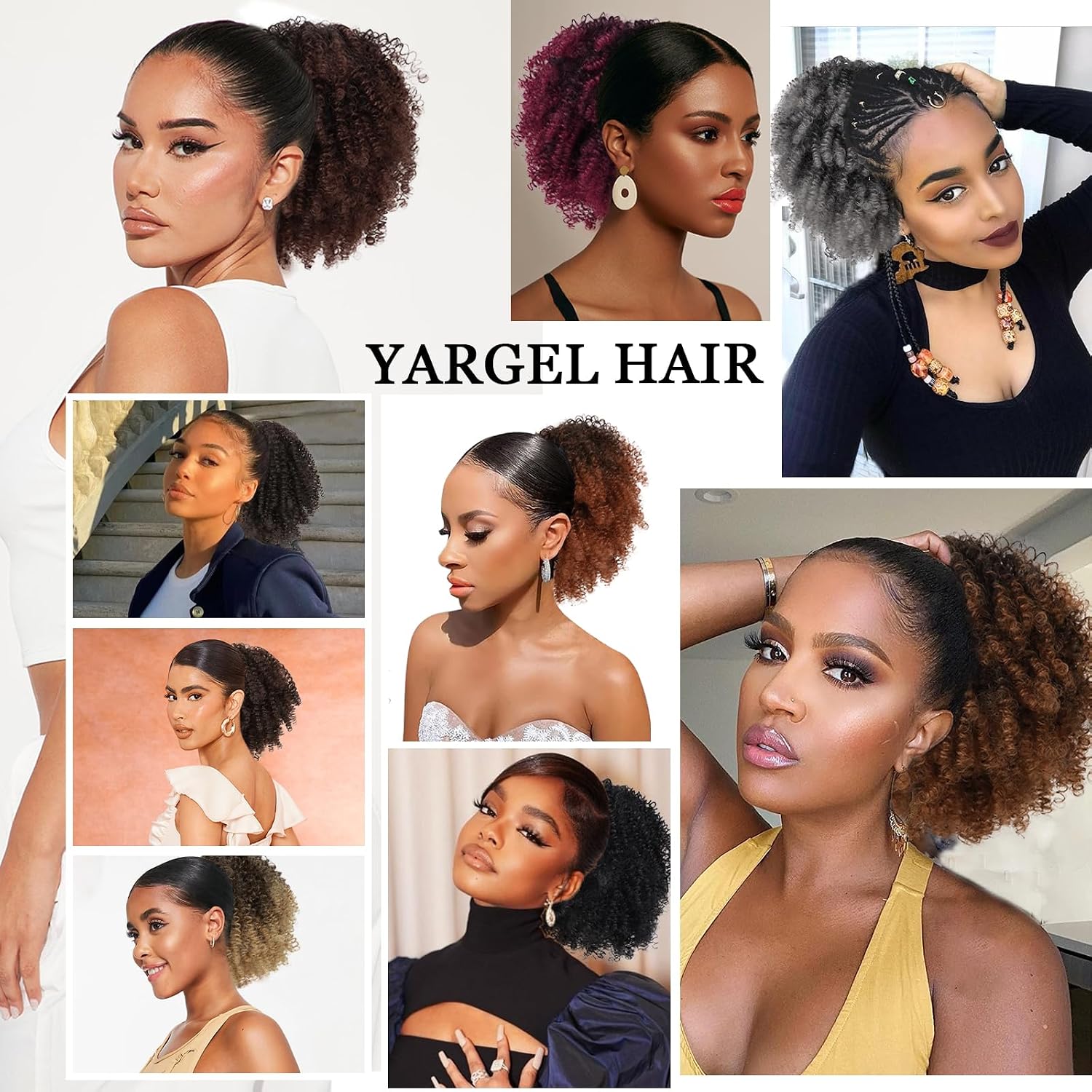 Short Afro Kinky Curly Drawstring Ponytail Extension For Black Women Synthetic Afro Puff Ponytail Bun With Clips (Black)
