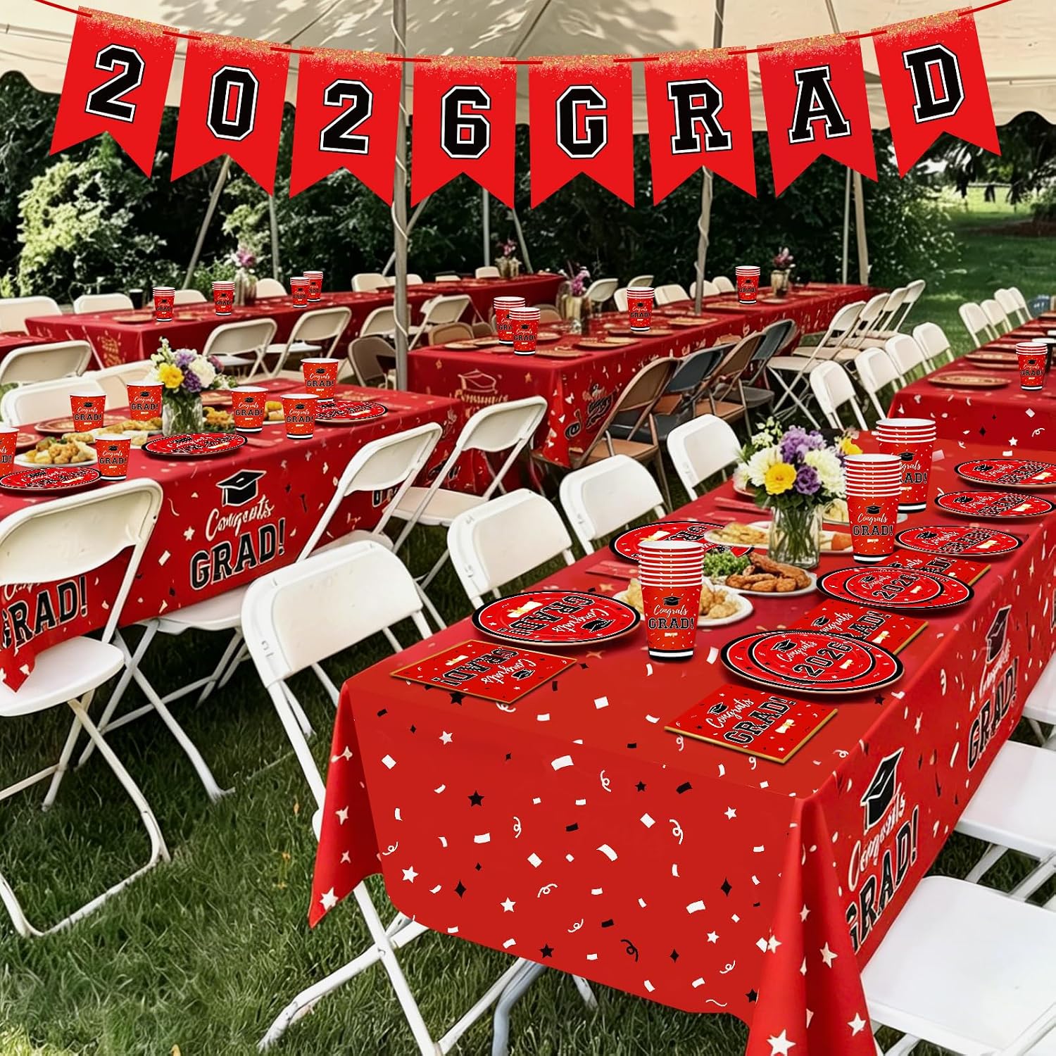 Graduation Decorations 2026 Disposable Red Graduation Tableware Kit for 25 Guests Plates Napkins Cups Tablecloth Hanging Graduation Party Decorations 2026 Red 25