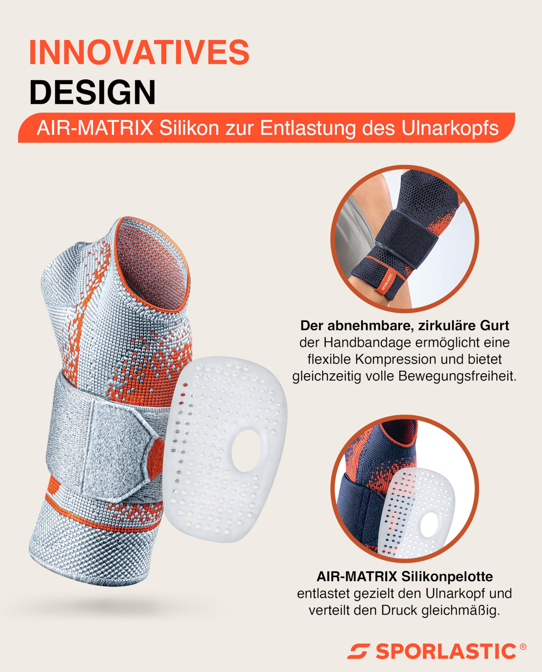 SPORLASTIC – MANUDYN SUPREME Handgelenkbandage links 3D-Gestrick– Orthopädische Handgelenkstütze mit anatomischer AIR-MATRIX Silikonpelotte zur Unterstützung des Ulnarköpfchens – Orangeblue Größe XL