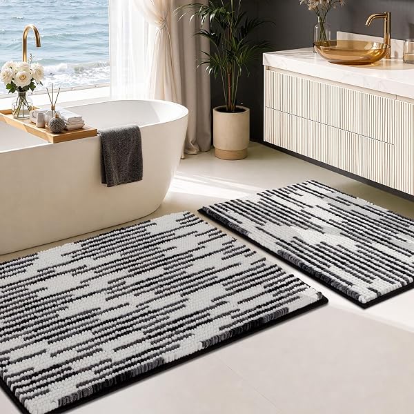 BSICPRO Bathroom Rugs Sets 2 Piece, Modern Bath Mat 20"x32"+16"x24", Black