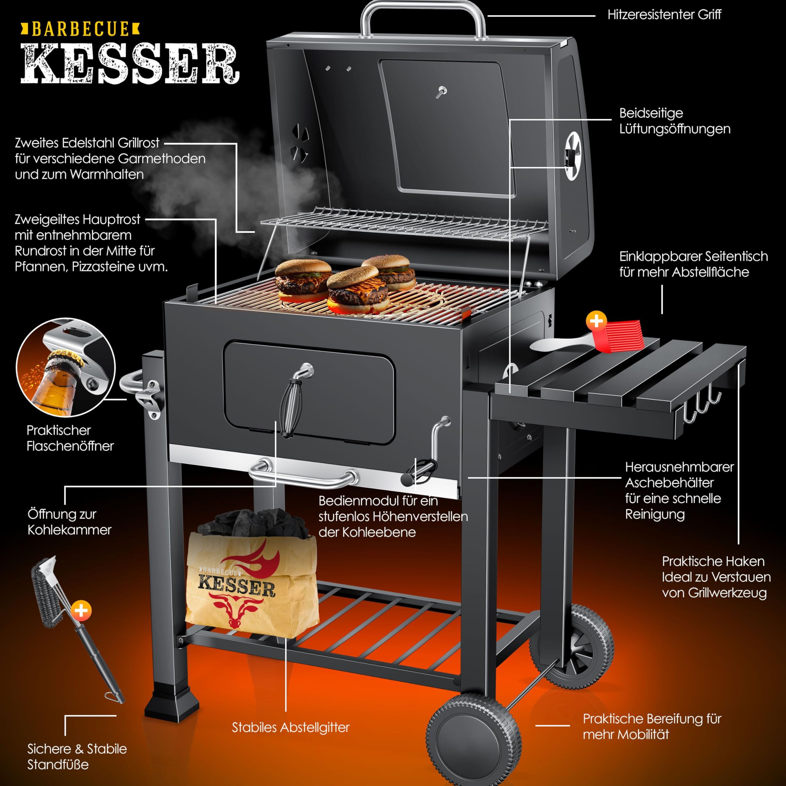 KESSER® Grill Grillwagen BBQ Smoker XL Holzkohlegrill mit Deckel, Rädern, Edelstahl-Griff, Grillrost, Thermometer, & Silikon-Pinsel, Standgrill, Kohlegrillwagen