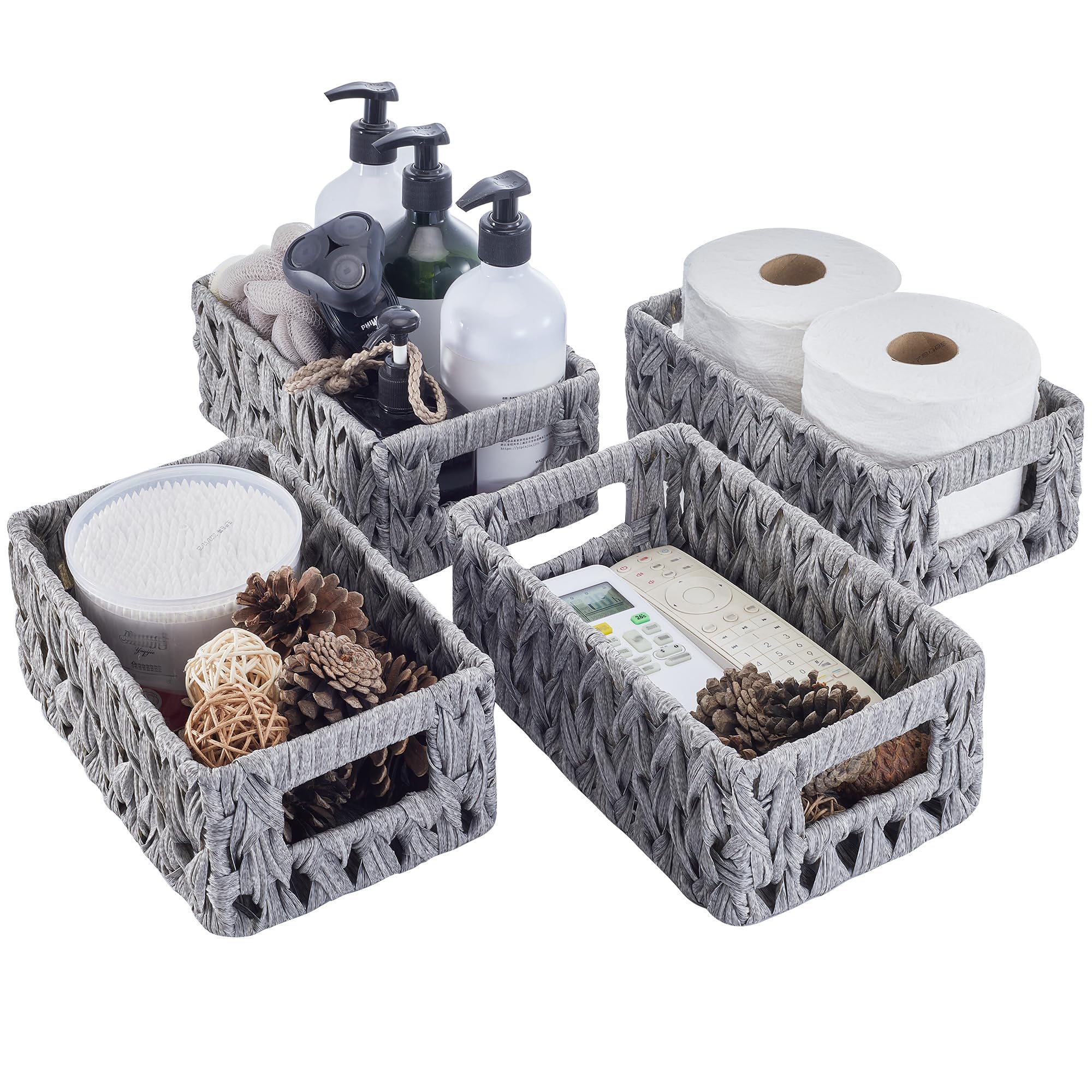 4 Small 10" Waterproof Wicker Baskets for Organizing, Plastic Woven Storage Pantry Snack Basket, Decorative Ratten Shallow Rectangle Baskets for Shelves Countertop Bathroom, Gray