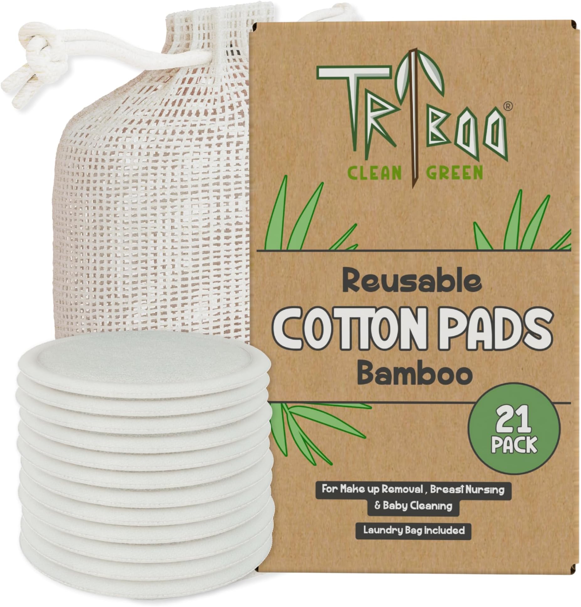 TRIBOO (21-Pack) Reusable Cotton Pads, Super Soft Bamboo Cotton Wool Pads, Reusable Makeup Remover Pads with Skin Care Hacks E-Book, Large Cotton Wool Pads for Face, Reusable Breast Pads & Baby