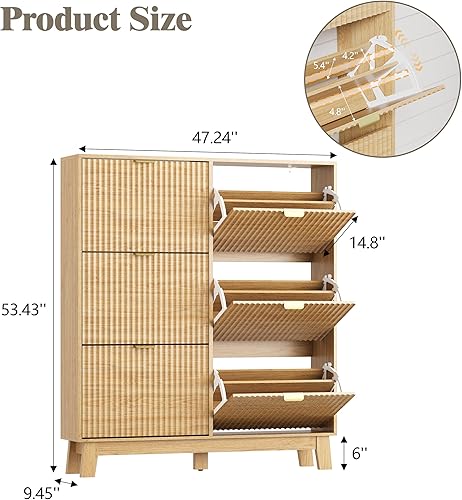 Miniatura 2 de Armario de zapatos para entrada con 6 cajones abatibles, organizador de zapatos estrecho acanalado con patas de madera, almacenamiento delgado