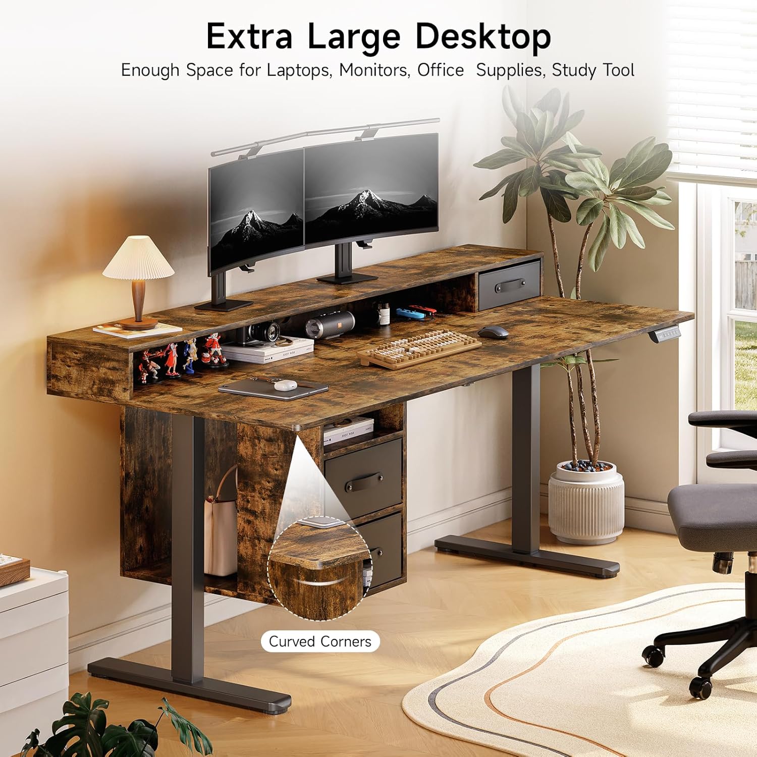 ONBRILL Standing Desk with Drawers, 63x24 Inch Electric Stand Up Desk with 3 Drawers and Open Storage Shelf, Adjustable Height 28-46 Inches for Home and Computer Workstation, Rustic Brown