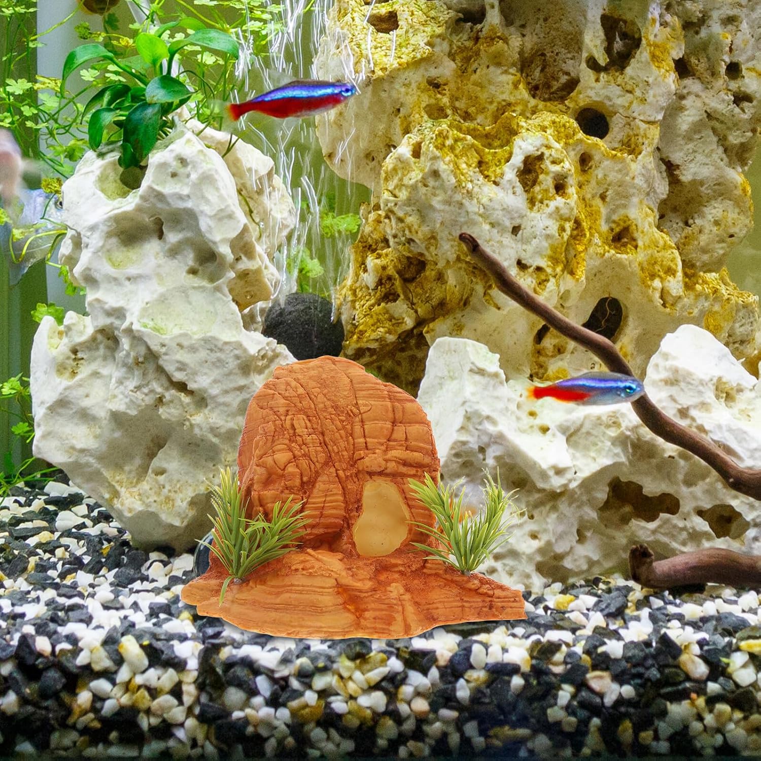 DECHOUS Resin Reptile Hideout Cave for Fish Tank and Turtle Habitat, Humid Shelter Realistic Natural Stone Design, Aquarium Decor for Leopard Gecko, Lizard, and Amphibians