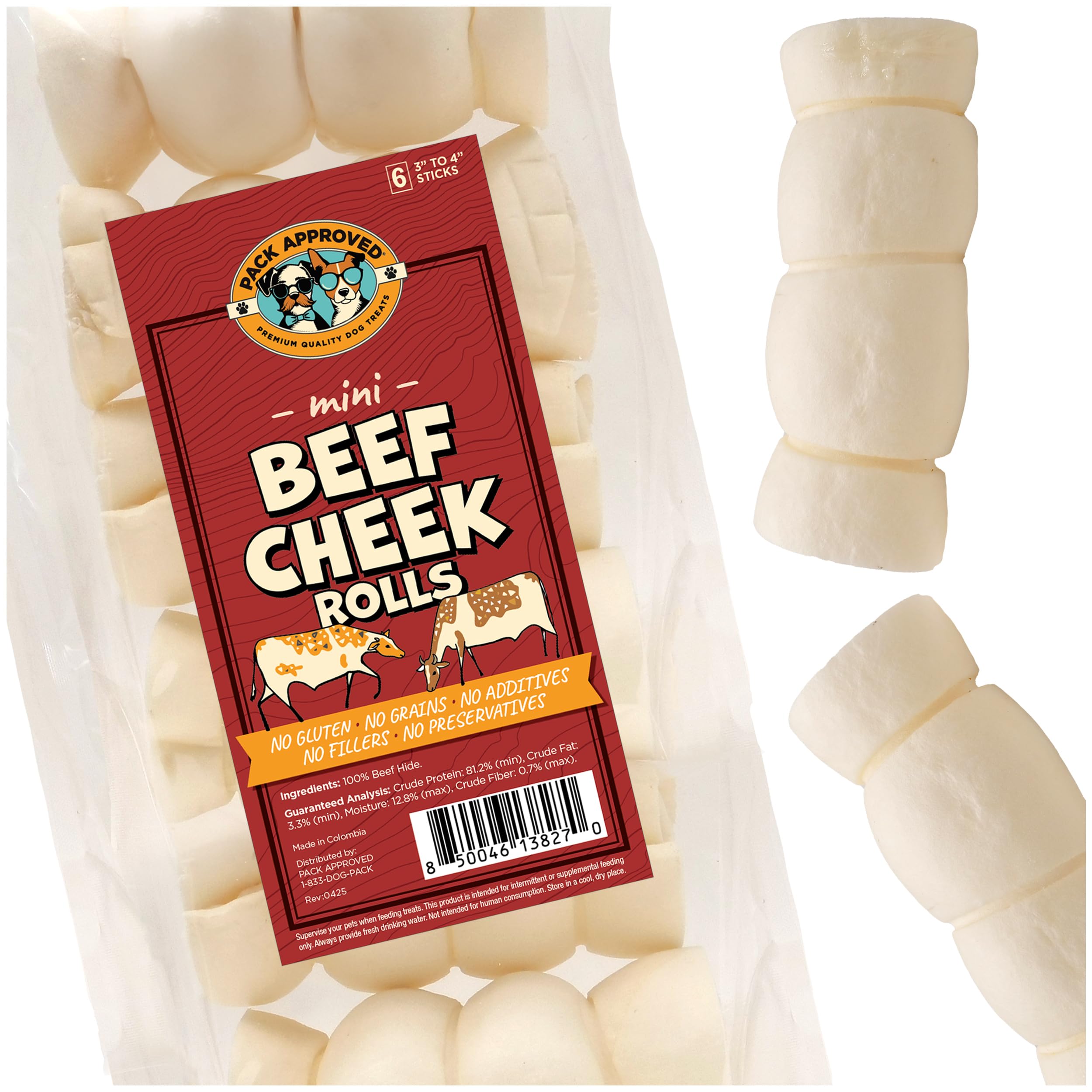 Pack Approved Mini Beef Cheek Rolls - Single Ingredient, All Natural Dog Treats for Small and Medium Dogs - Low Fat, Gluten-Free, & Grain Free Dog