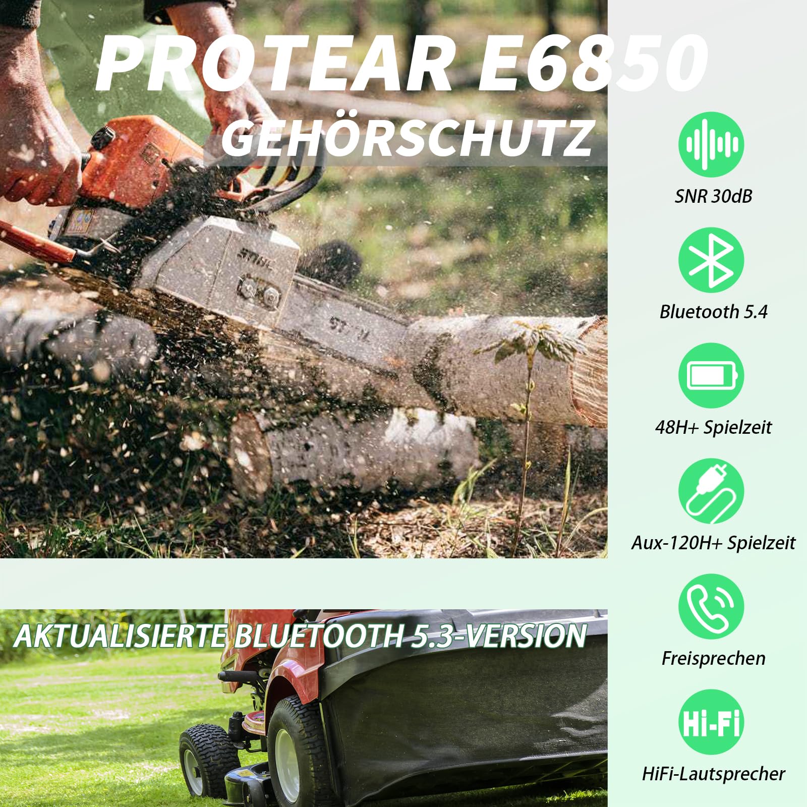 Casque anti Bruit bluetooth 5.4 Mixte, haut-parleurs haute fidélité,Microphone intégré, 120h + de lecture, protection auditive idéale pour la tonte, le travail du bois, SNR 30 dB