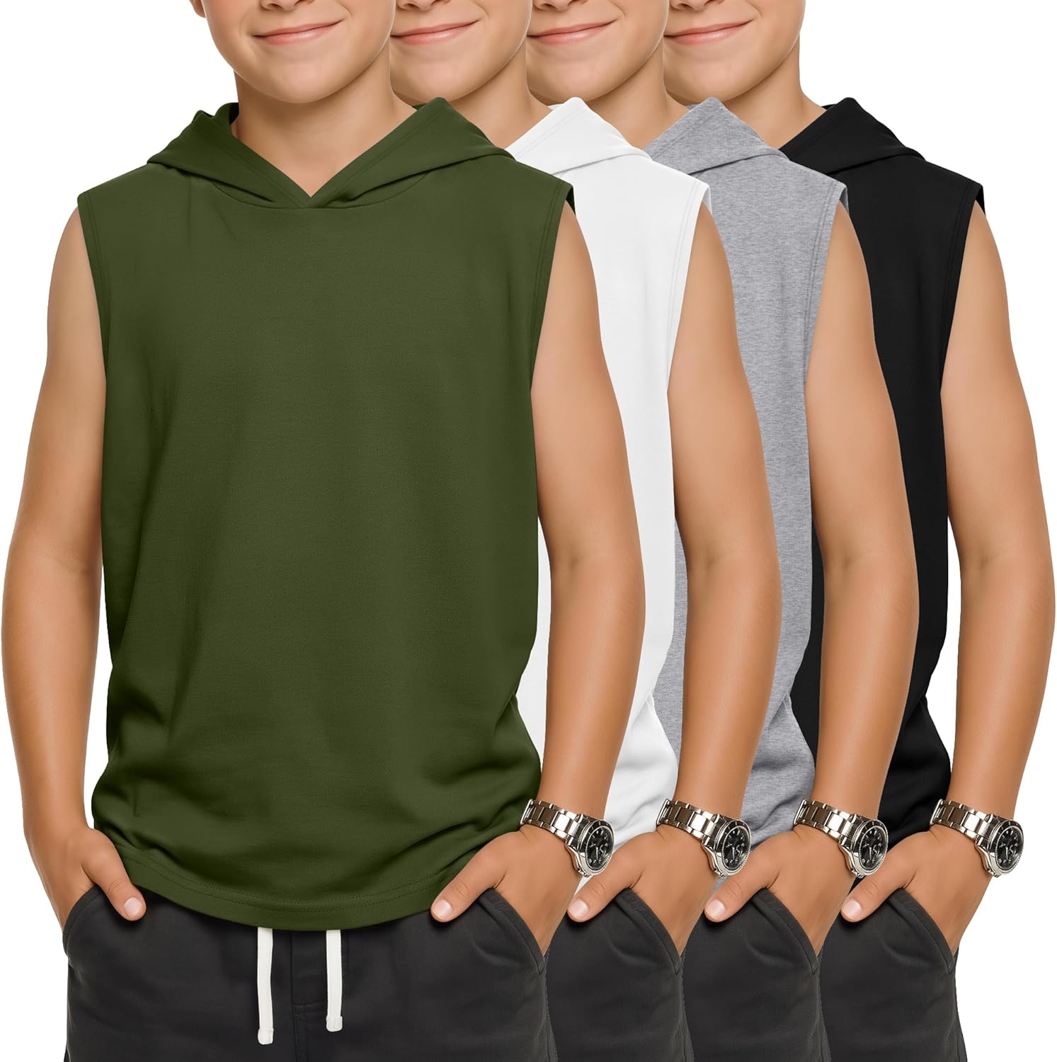 4 Pack Boys' Athletic Tank Tops Sleeveless Pullover Hoodies Sports Workout Basic T-Shirts 5-16 Years