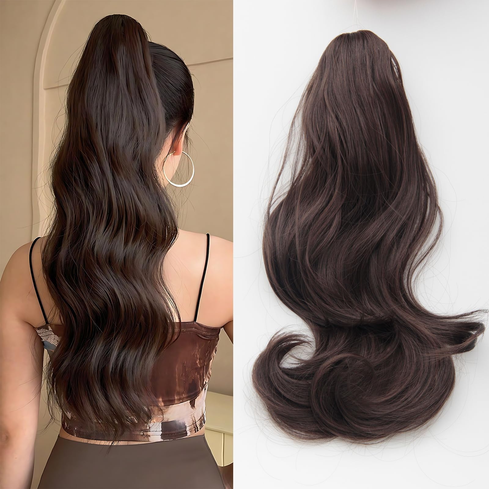 35cm Extensión De Cola De Caballo Con Pinza, Coletas Postizas Pelo Natural, Pelo Postizo Sintético, Trenzas Postizas Mujer Ondulado, Marrón Oscuro