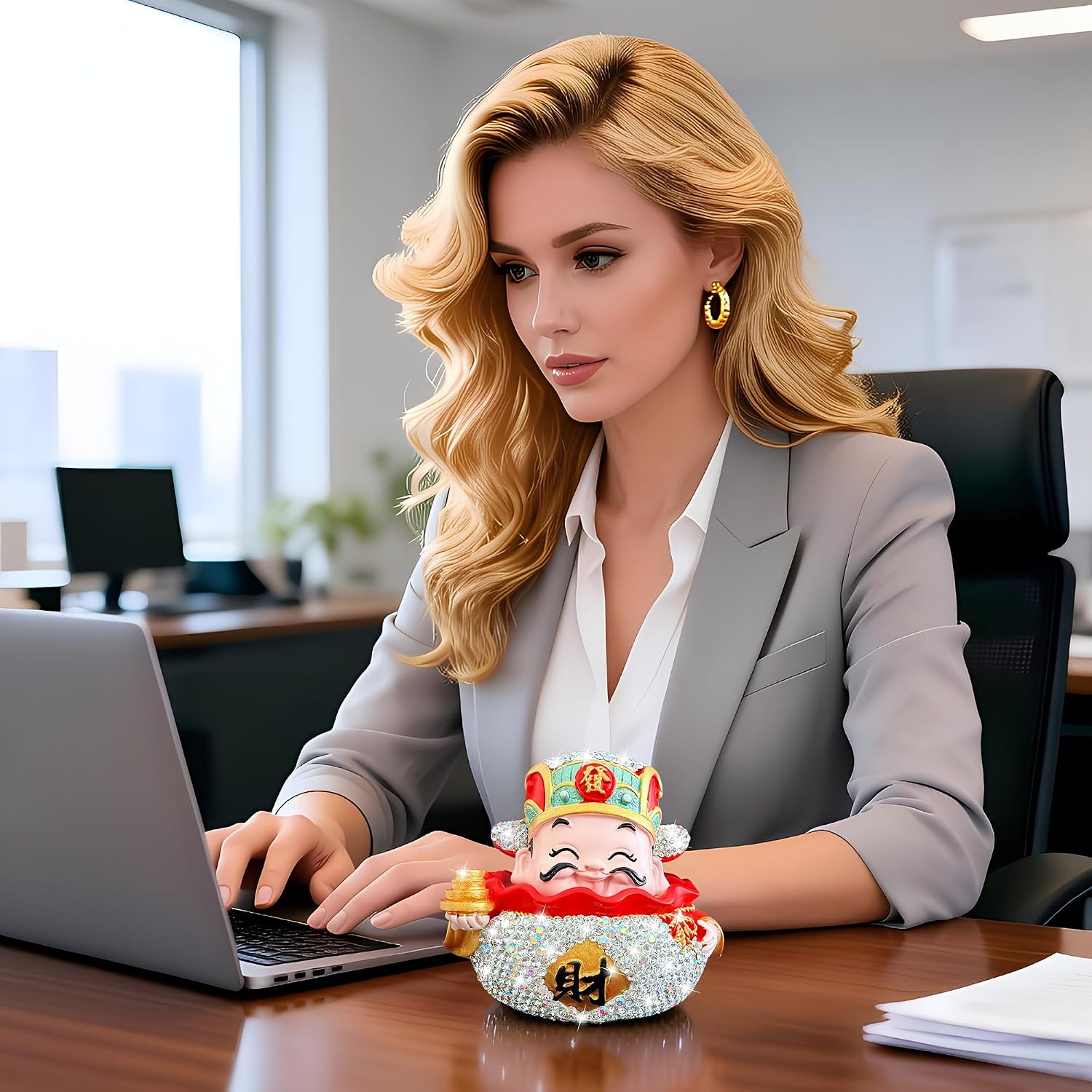SlowVibes Bling God of Wealth and Fortune Statue,Caishen Figurines & Sculpture,Feng Shui Money Decor with Rhinestone for Home Car,Zhao CAI,Office Desk Decorations for Work,Lucky Gifts