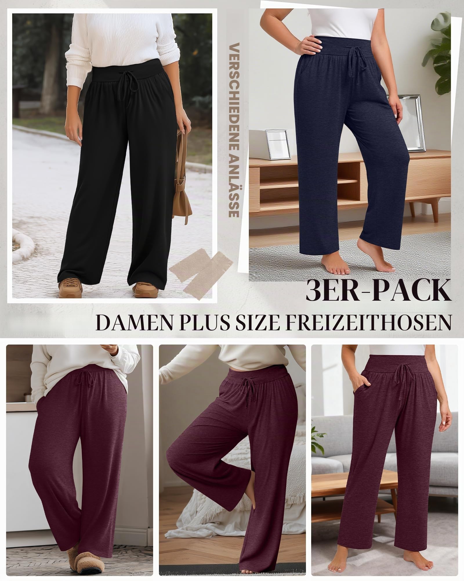 Neer 3er-Pack Damen-Loungehosen in Übergröße, Weite Yogahosen, lockere Jogginghosen mit Taschen, lässige Joggerhosen