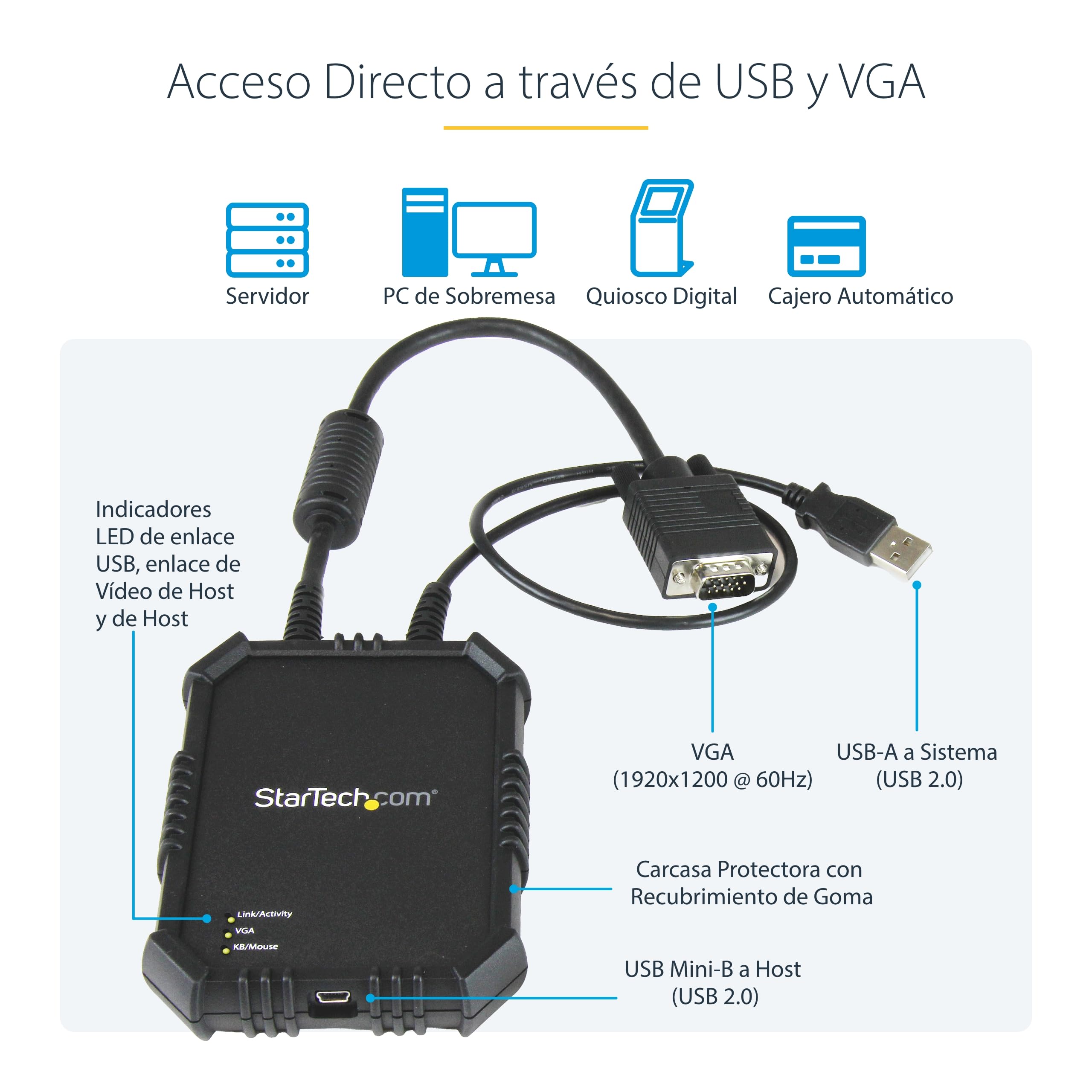 StarTech Adaptador Crash Cart USB/VGA con Carcasa Resistente (NOTECONS02X) | Carcasa de goma robusta que absorbe golpes, Ideal para sala de servidores o centro de datos, Control a nivel de BIOS