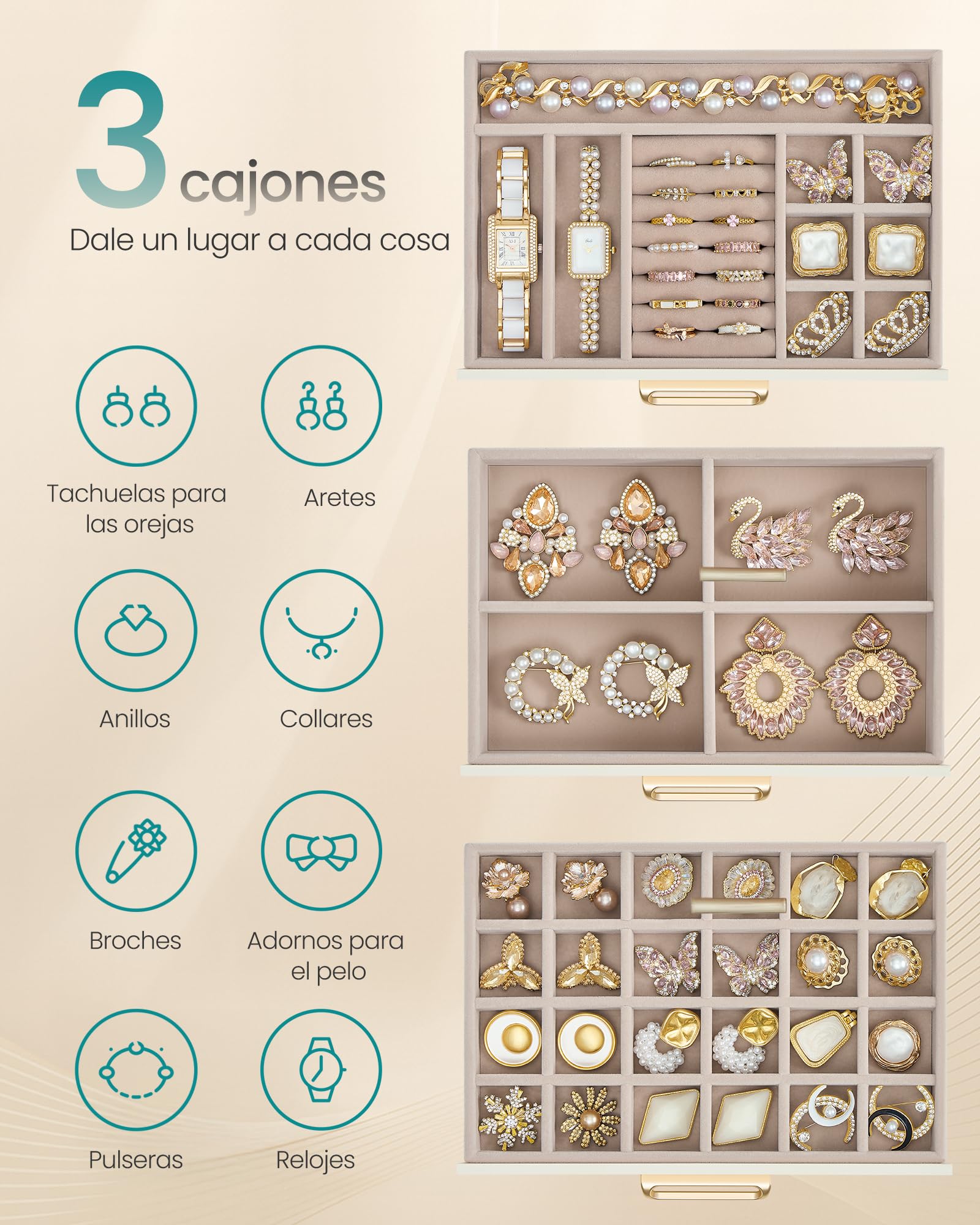 SONGMICS Caja de Joyas, Organizador de Joyería de 3 Niveles, con Ventana de Vidrio, 3 Cajones, Gran Capacidad, Tiradores Dorados, Idea de Regalo, 16 x 24 x 12,5 cm, Blanco Crema JBC206WD01
