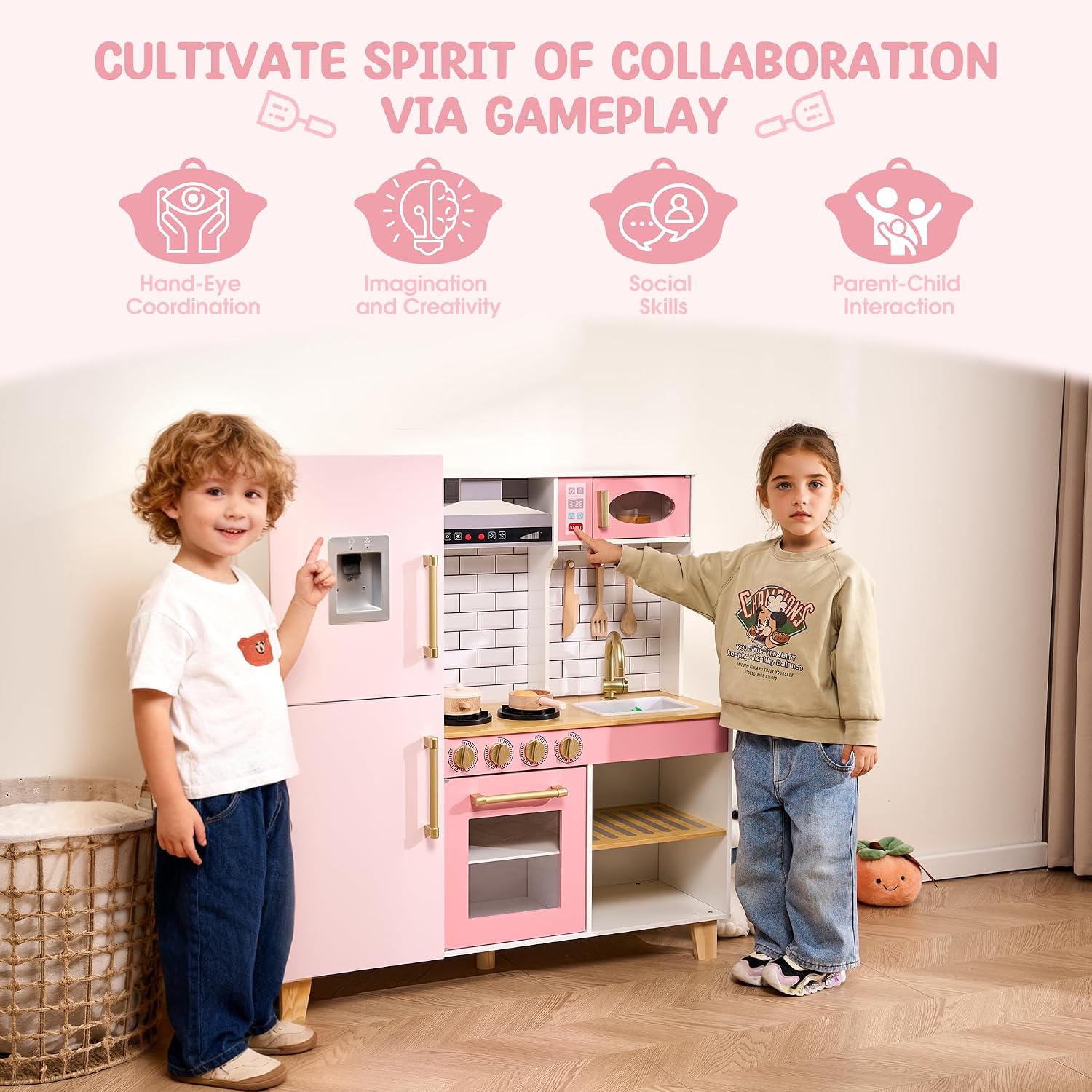 Wooden Play Kitchen for Kids Ages 3+, Pretend Toy Kitchen with Real Lights & Sounds, Stove, Sink, Microwave &,Storage, Montessori Kitchen Playset with 6PCS Cookware for Toddlers
