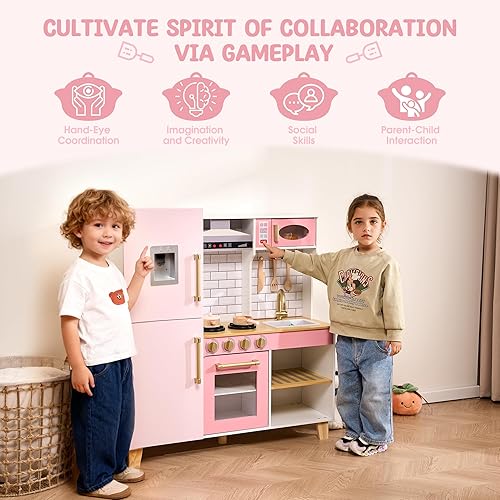 Miniatura 7 de Play Kitchen - Juego de cocina de juguete de madera para niños con luces y sonidos reales, juego de cocina de chef para niños con fregadero, estufa,