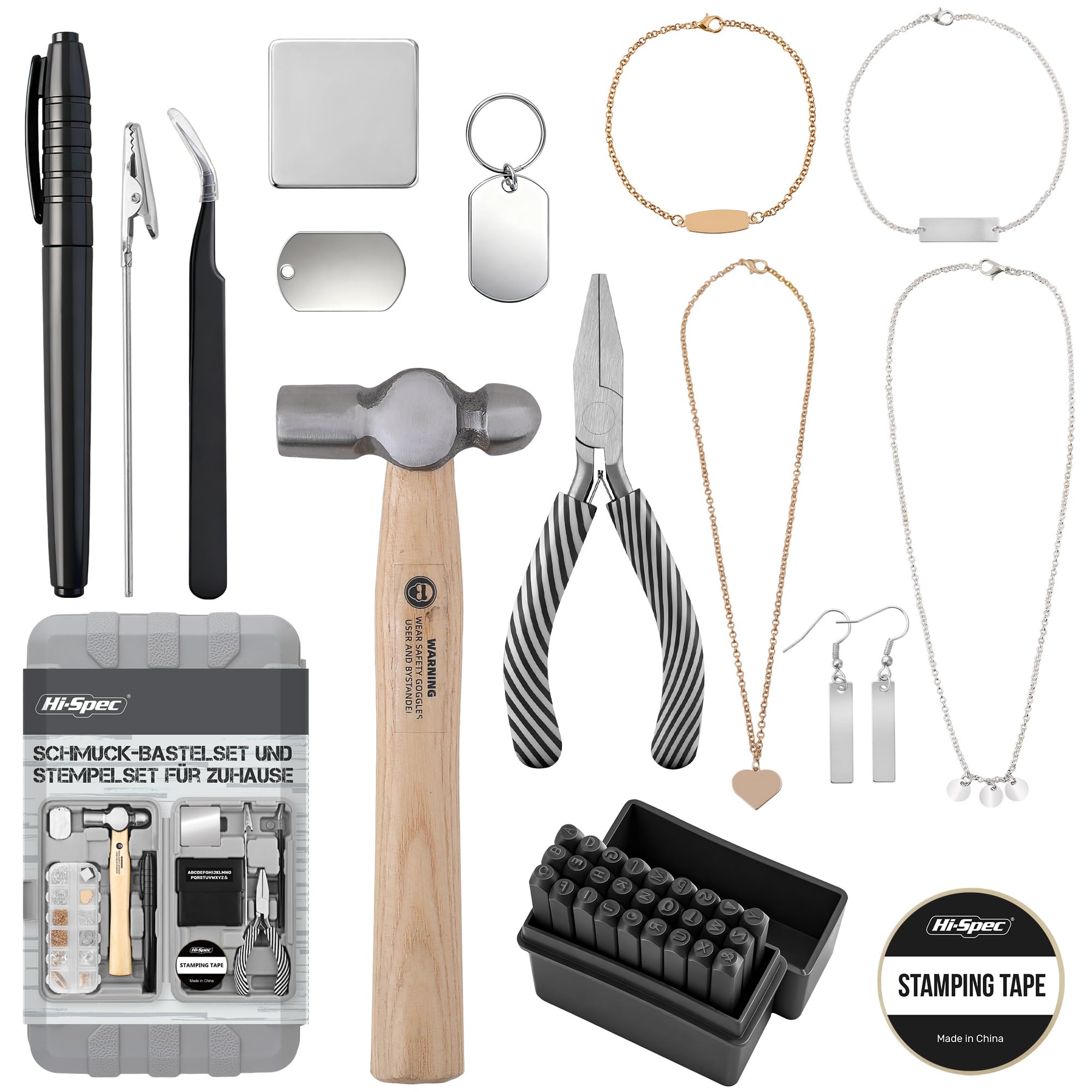 Hi-Spec Schmuckherstellungs-Set mit 27 Metall-Schlagstempeln, 42 Zubehörteilen & Mini-Kugelhammer – Bastelset für Armbänder, Ketten & Ohrringe Selber Machen, ideal für Mädchen & DIY-Designs