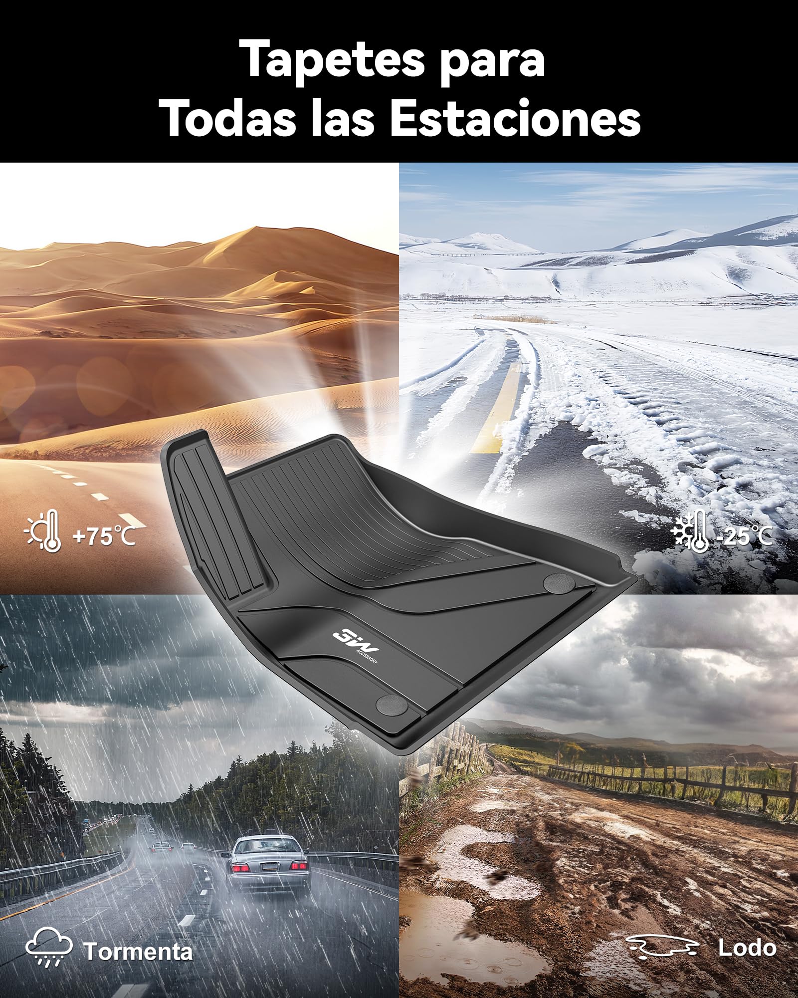 3W Alfombrillas de Coche para Tesla Model 3 2017-2023, TPE Alfombrillas para Todo Tipo de Clima para Tesla Model 3 la 1ª y 2ª Fila Juego Completo, Admite Perros, Accesorios, Negro