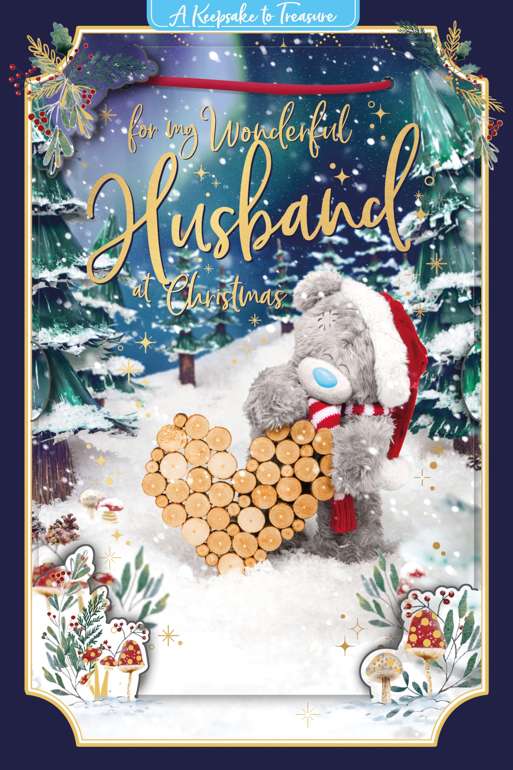 Me To You Tatty Teddy 3D Christmas Keepsake Card For Wonderful Husband, Tatty Teddy With Logpile 6x9ins - Official Collection