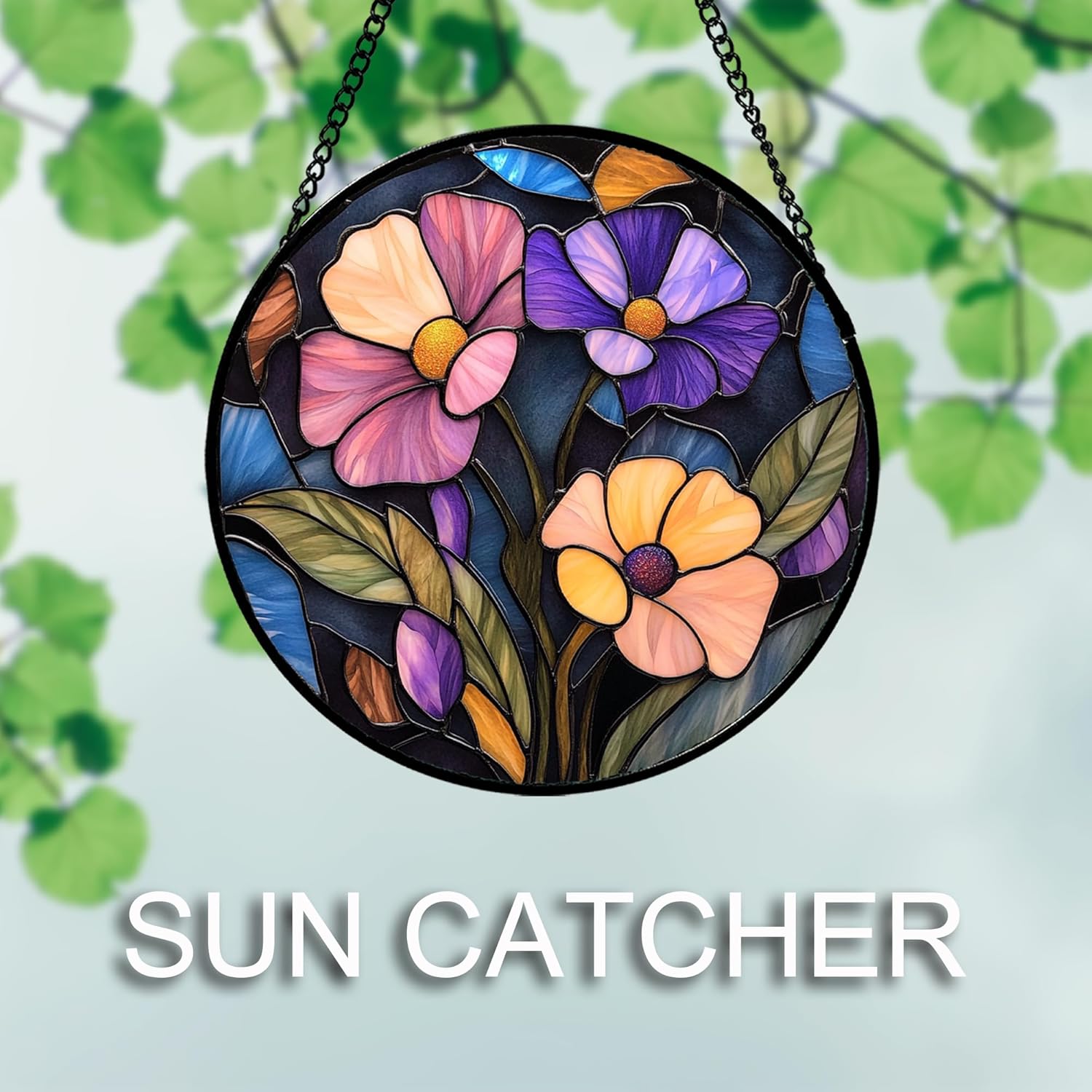 CHATYOUNG Stained Glass Window Hanging Pink and Purple Flowers Large 11.8" - Wildflowers Suncatcher Door Garden Sun Catcher Decor Birthday Mother's Day Christmas for Mom Woman Nana Friend Men